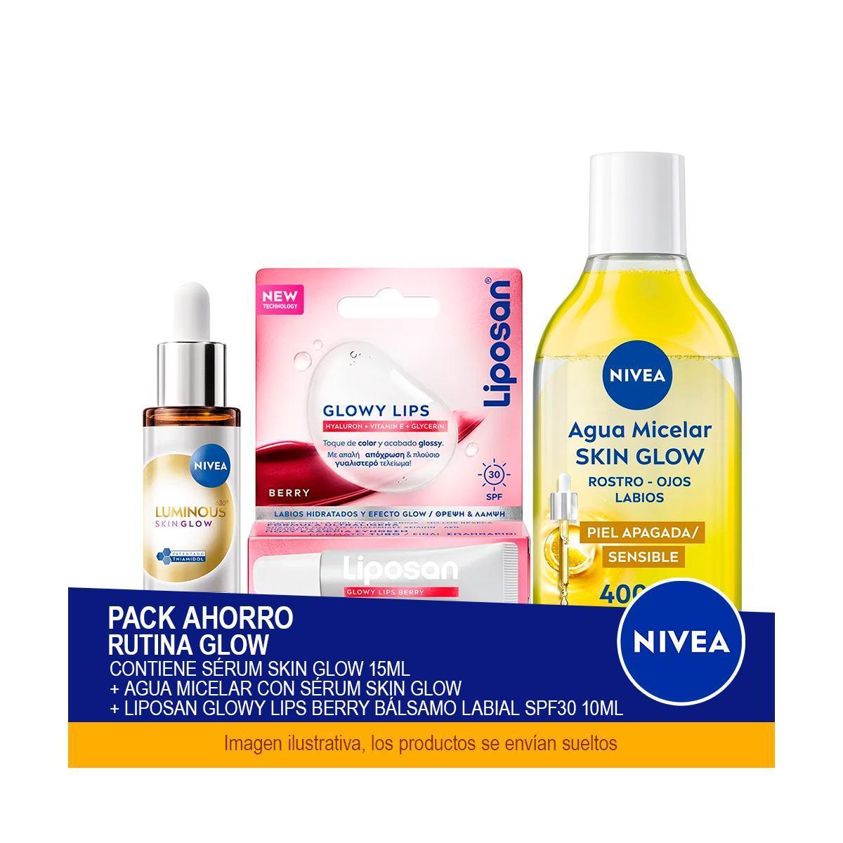 NIVEA Pack Ahorro Rutina GLOW - Contiene Sérum Facial Skin Glow 15ml + Agua Micelar con Sérum Skin Glow + LIPOSAN Glowy Lips Berry Bálsamo Labial SPF30 10ml