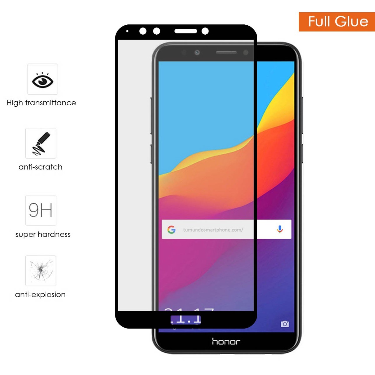 Tumundosmartphone Protector Cristal Templado Completo Full Glue Negro para Huawei Honor 7C / Y7 2018 Vidrio