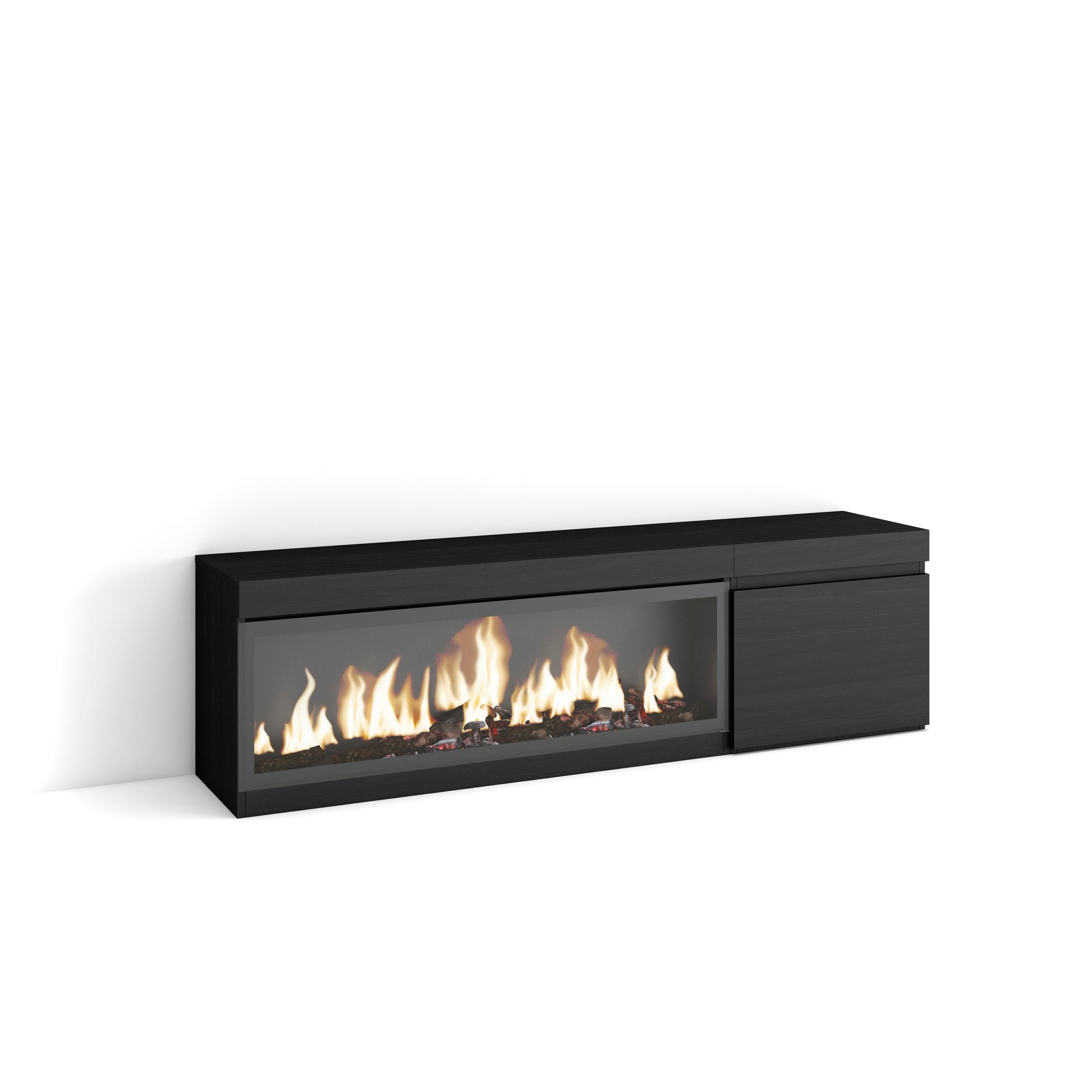 Skraut Home, Mueble Televisión, 158x35x45cm, Fuego Led XXL efecto 3D, Veteado de madera, Tacto poroso de alta calidad