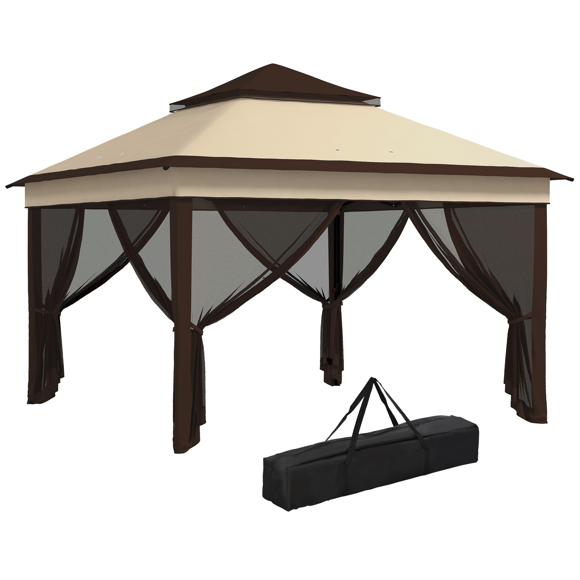 Outsunny Carpa Plegable 3x3x2,7 m Cenador de Jardín con Doble Techo Altura Ajustable 4 Mosquiteras Protección UV30+ Impermeable y Bolsa Gazebo para Exterior Fiestas Camping