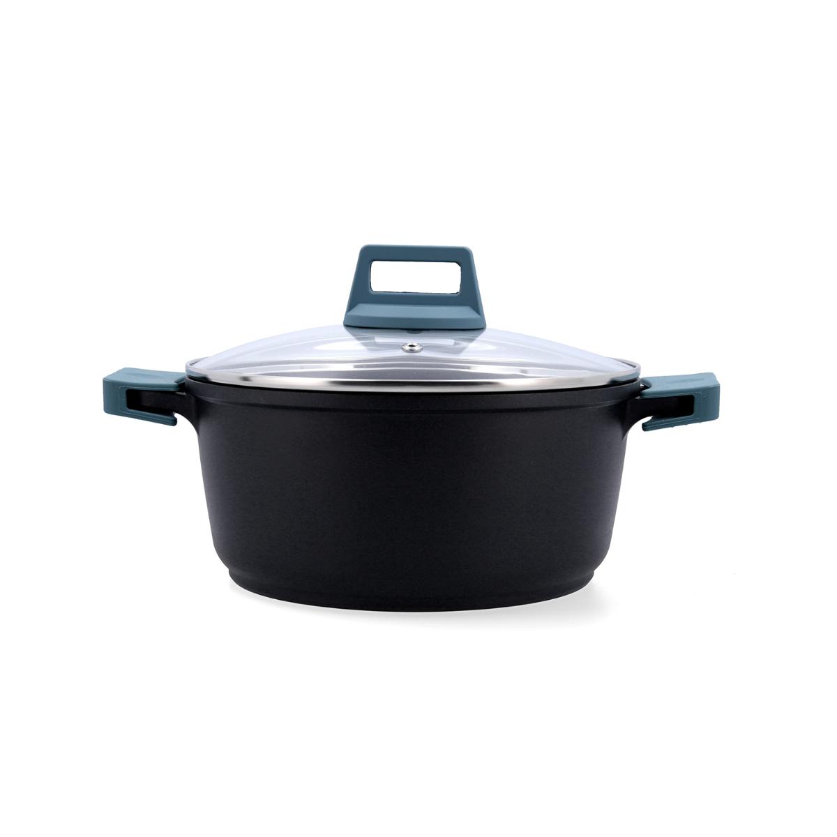 Cacerola con tapa aluminio fundido azul y negro mate Confort Quid - Tamaños 20, 24, 28 y 32 cm capacidad hasta 6L - Apta inducción y todo tipo de fuego - Asas extraíbles y apta horno