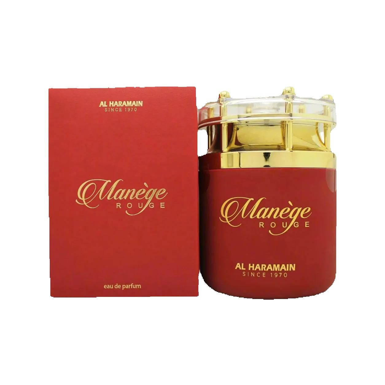 Al Haramain - Perfume Manege Rouge Eau de Parfum 75 ml para mujer, fragancia árabe oriental floral gourmand con notas de azafrán, caramelo y ámbar, ideal para noche y temporada fría
