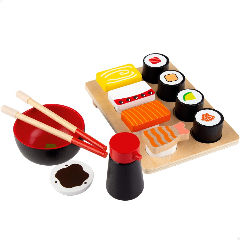 Woomax - WOOMAX Set de comida sushi de madera, Conjunto de sushi de madera, Comida sushi madera, Juguetes de madera, Juego de alimentos, Bandeja de sushi de madera para niños, 14 piezas de madera, WOOMAX, +2 años