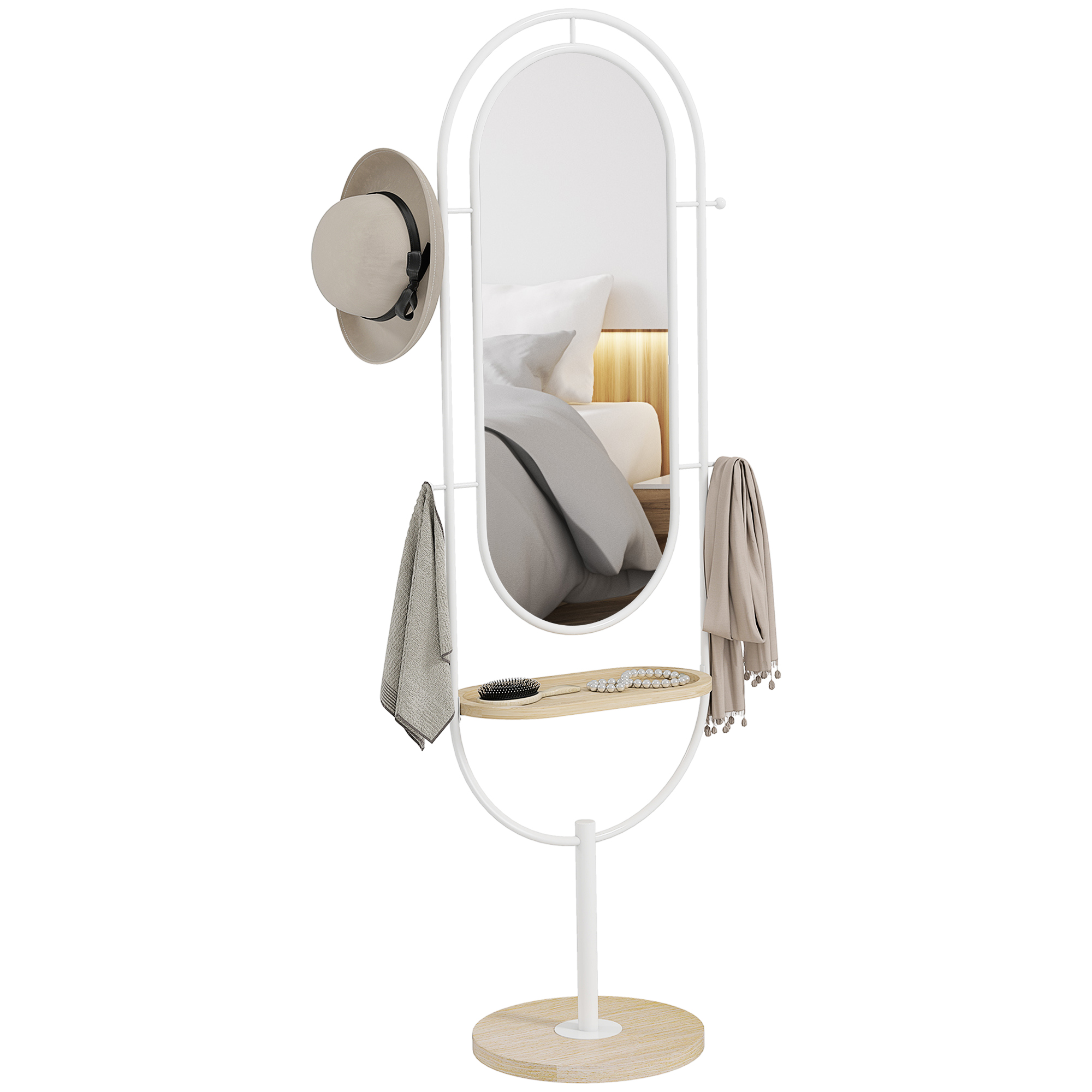 HOMCOM Espejo de Cuerpo Entero 175,5x50 cm Espejo de Pie con Bandeja de Madera 4 Ganchos y Marco de Metal para Salón Dormitorio Blanco