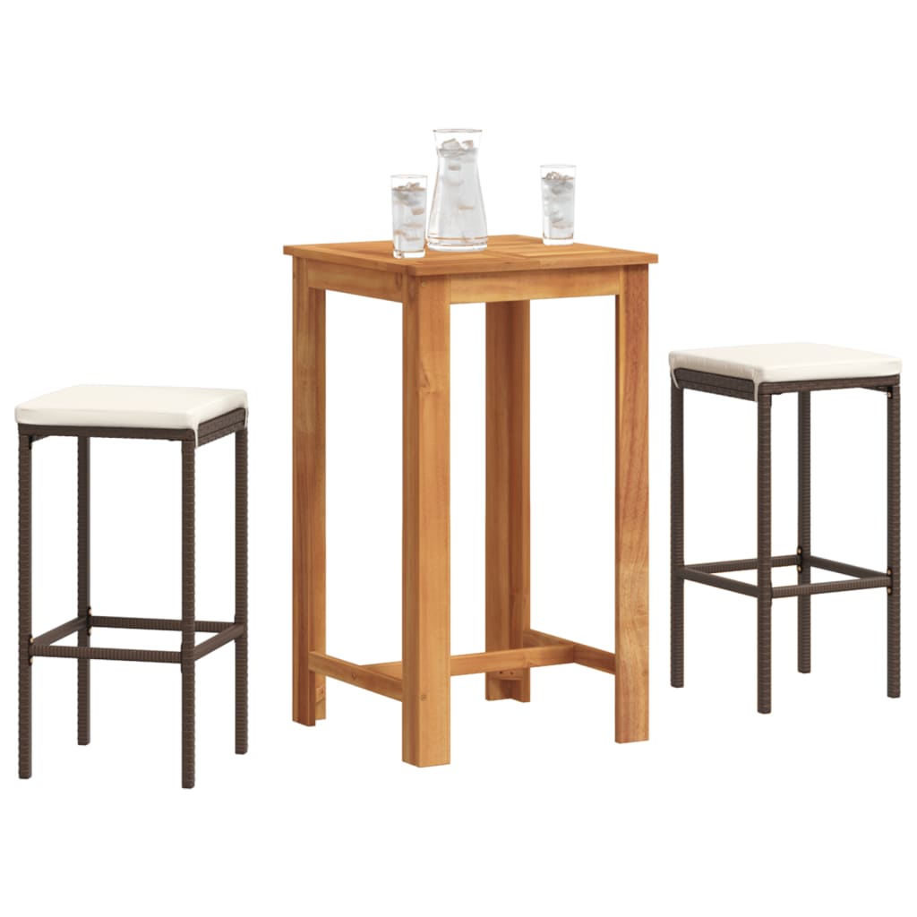vidaXL Mesa y taburetes de jardín 3 pzas madera acacia ratán PE en color Marrón/Gris/Negro | cómodas modernas ergonómicas para comedor cocina salón hogar
