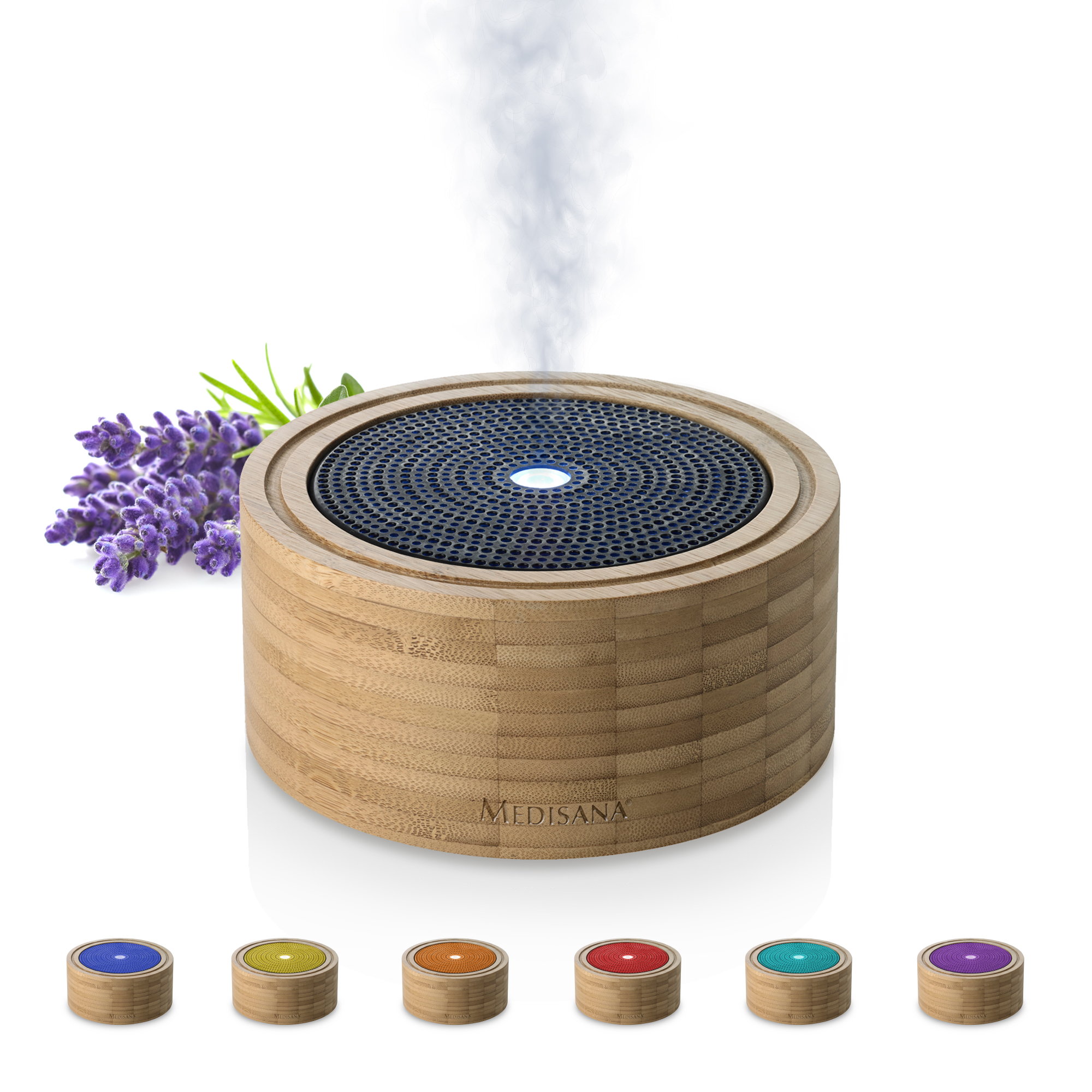 medisana Difusor de aromas ultrasónico AD 625 de bambú para aceites esenciales con luz LED multicolor y temporizador
