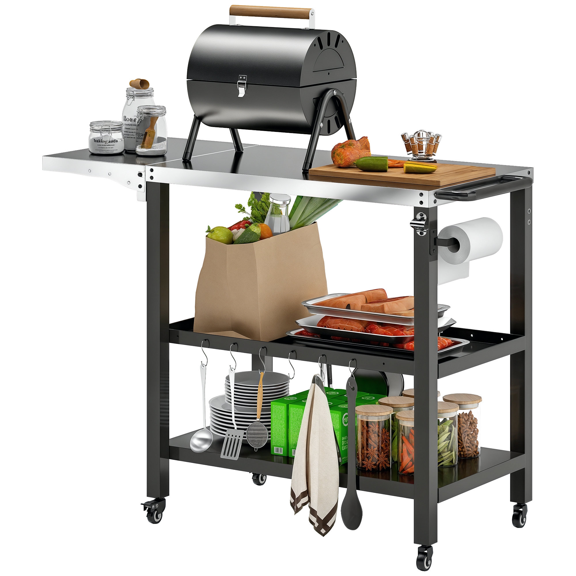 Outsunny Carrito de Parrilla de 3 Niveles Carrito de Barbacoa Carro de Servicio con Ruedas Estantes Encimera de Acero Inoxidable Lateral Plegable y Asa Mesa de Horno de Pizza para Jardín Patio Negro