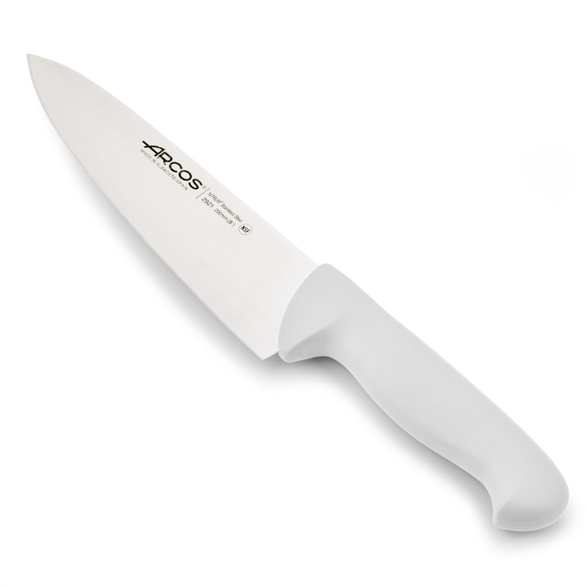 Arcos Cuchillo Chef con Hoja Acero Inoxidable Nitrum 200 mm. Cuchillo cocina profesional multiusos. Mango ergonómico polipropileno. Serie 2900. Color blanco.
