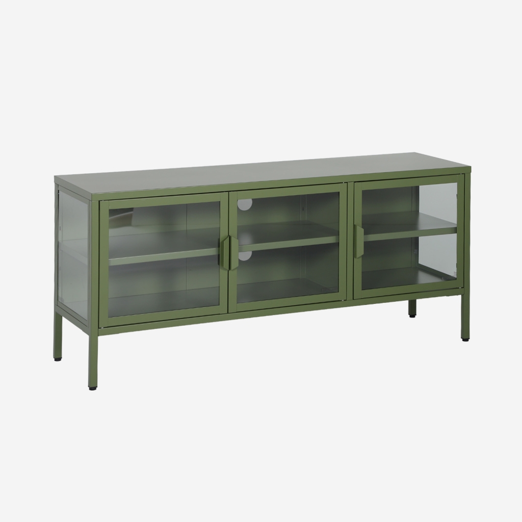 sweeek - Mueble de TV industrial de metal y vidrio templado con 3 puertas, 120cm , Arkansas , 120x35x55