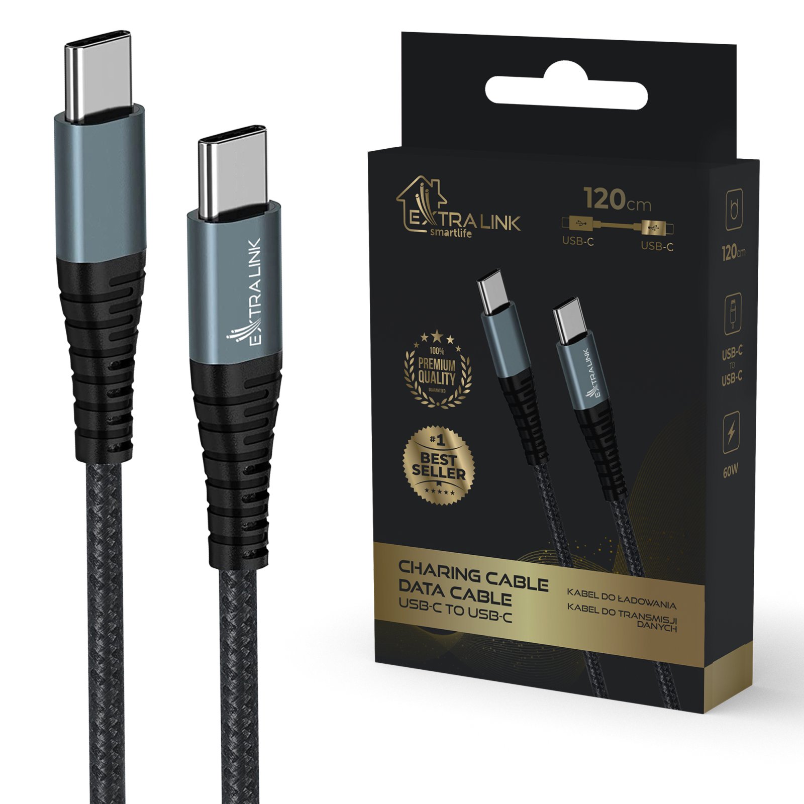 Extralink smart life usb tipo-c a tipo-c negro cable usb-c a usb-c 120cm