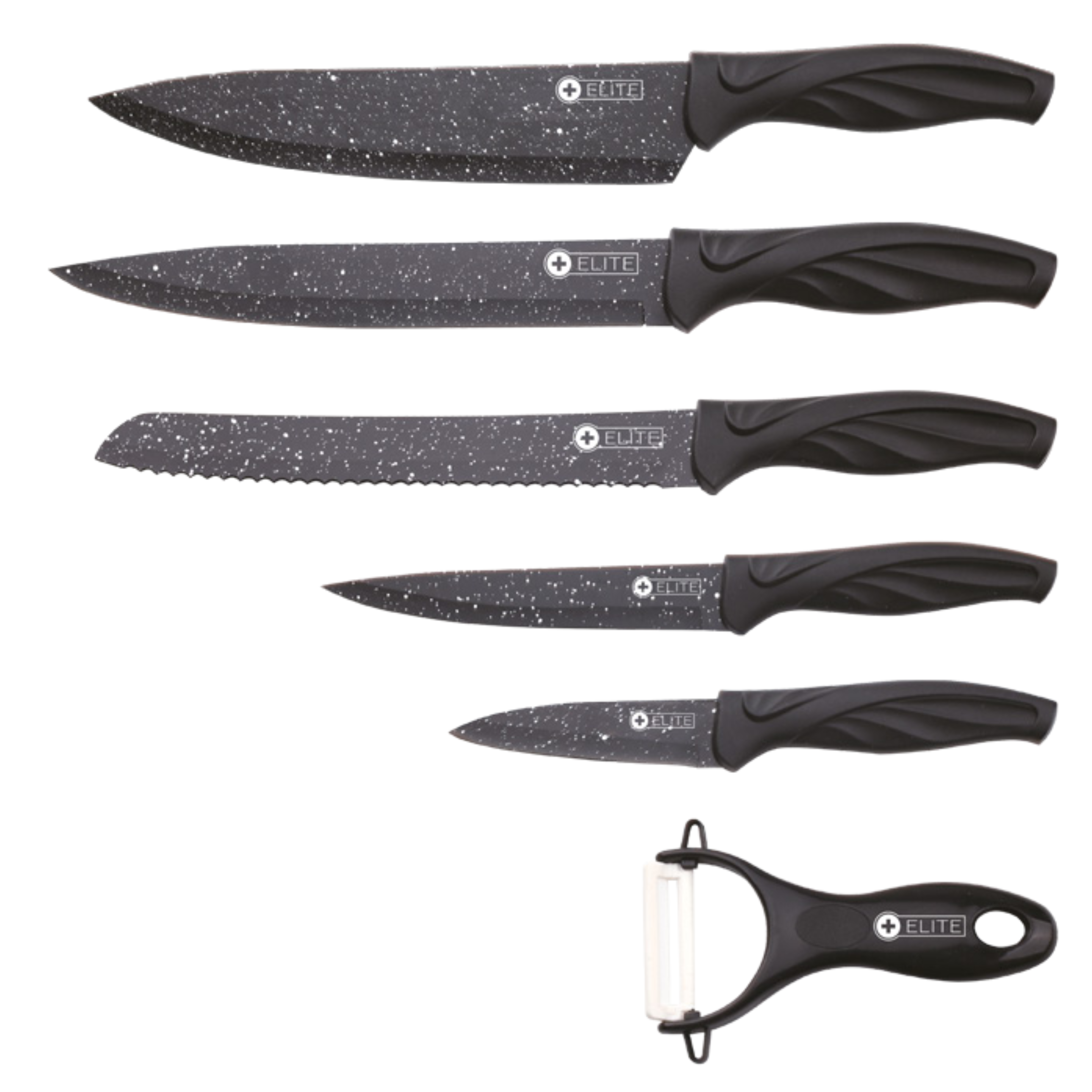 Set de 5 cuchillos Elite, De Acero Inoxidable y Pelador. Mango De Goma Ergonómico Con Agarre Antideslizante