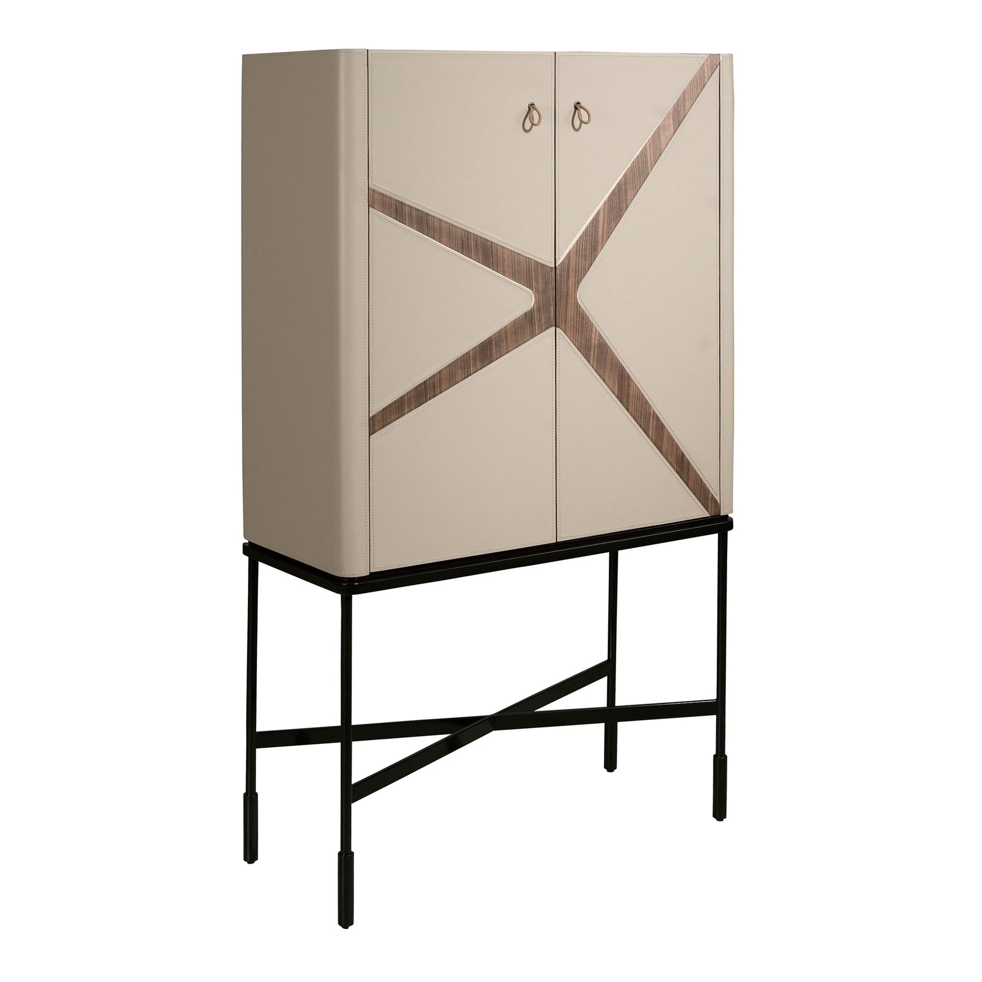 Angel Cerdá - Aparador Alto Tapizado en Piel con Estructura de Madera de Nogal y Patas de Acero Negro - Diseño Moderno con 2 Puertas y 1 Cajón Soft-Closing - 90 x 40 x 150 cm