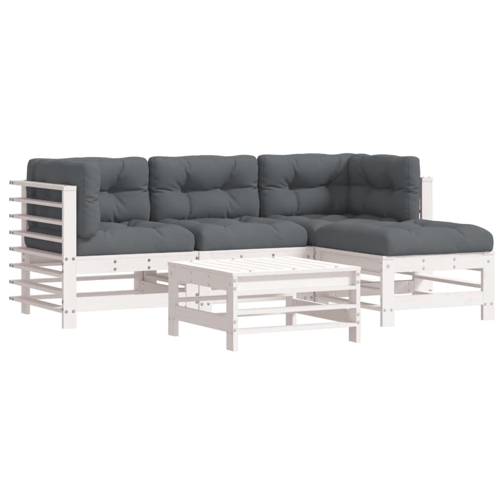 vidaXL Juego de muebles jardín 5 piezas y cojines madera maciza blanco