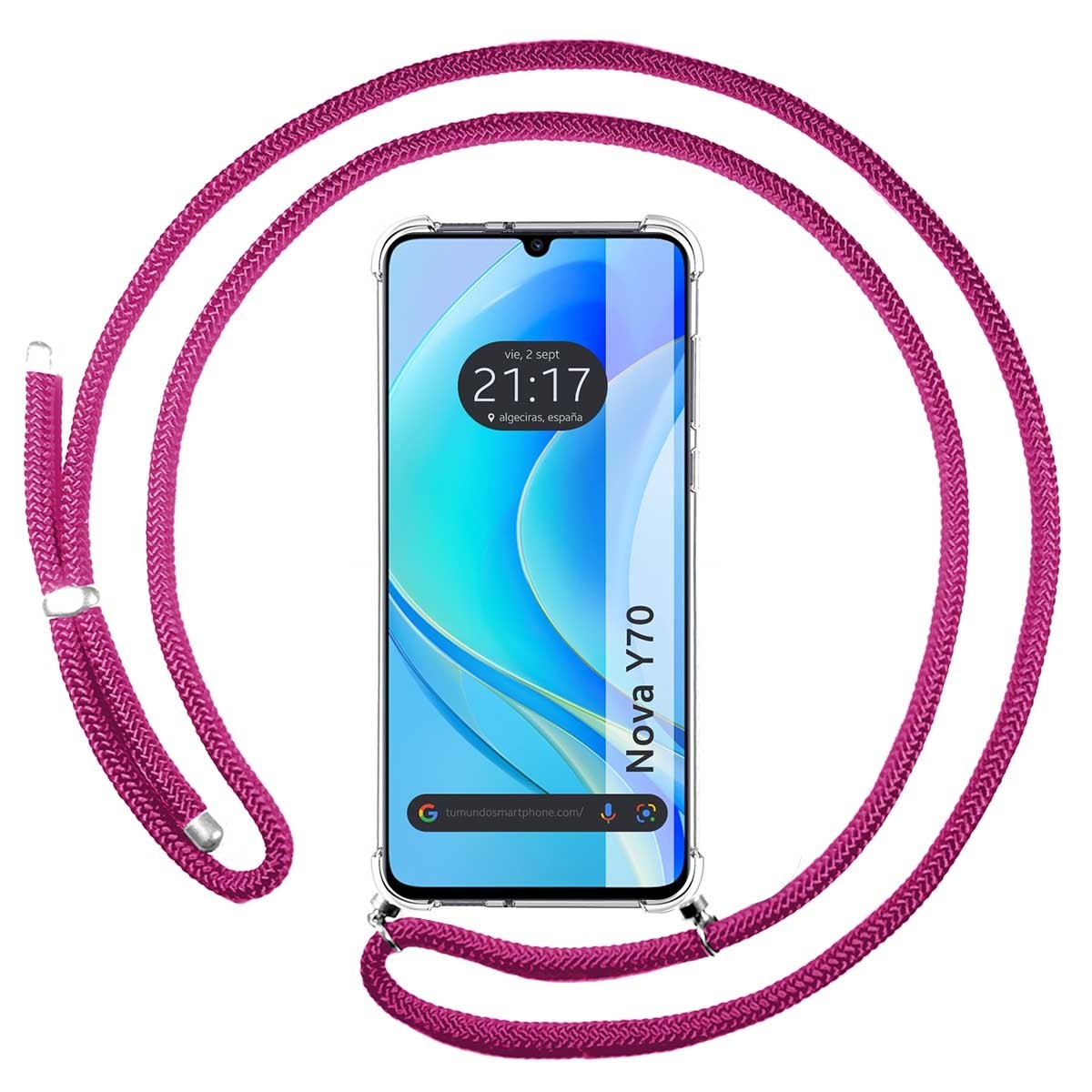 Tumundosmartphone Funda Colgante Huawei Nova Y70 Transparente con Cordon Rosa Fucsia