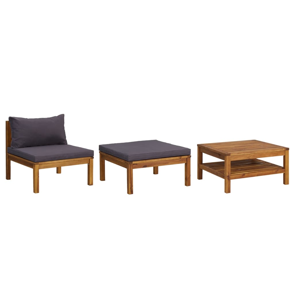 Vidaxl Muebles de Jardín 3 Pzas con Cojines Madera Acacia Gris Oscuro, Blanco Crema, Conjunto Terraza Muebles Jardín Exterior