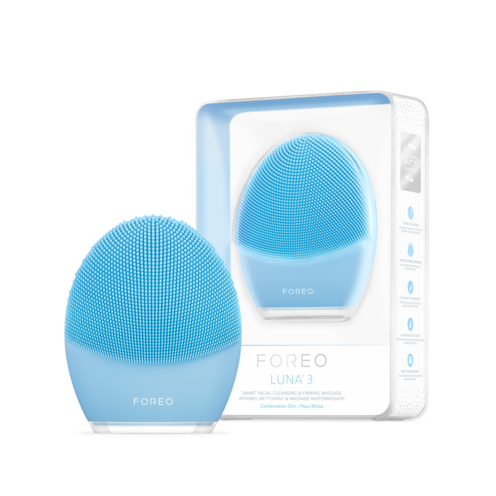 FOREO LUNA™ 3 | Cepillo de limpieza facial | Masajeador facial eléctrico | Skin care ultrahigiénica | Exfoliante facial para llevar de viaje | Cepillo de silicona | Conexión por app