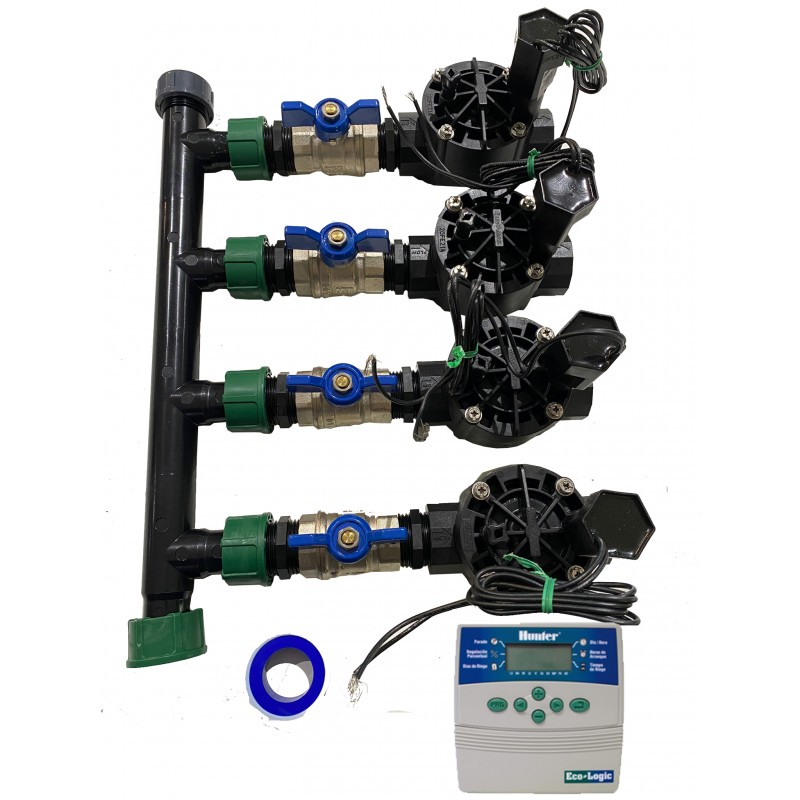 RAIN BIRD Sistema de Riego Automático para Jardín de 4 Zonas | Programador ELC401 | Electroválvulas Rain Bird HV 1" 24V