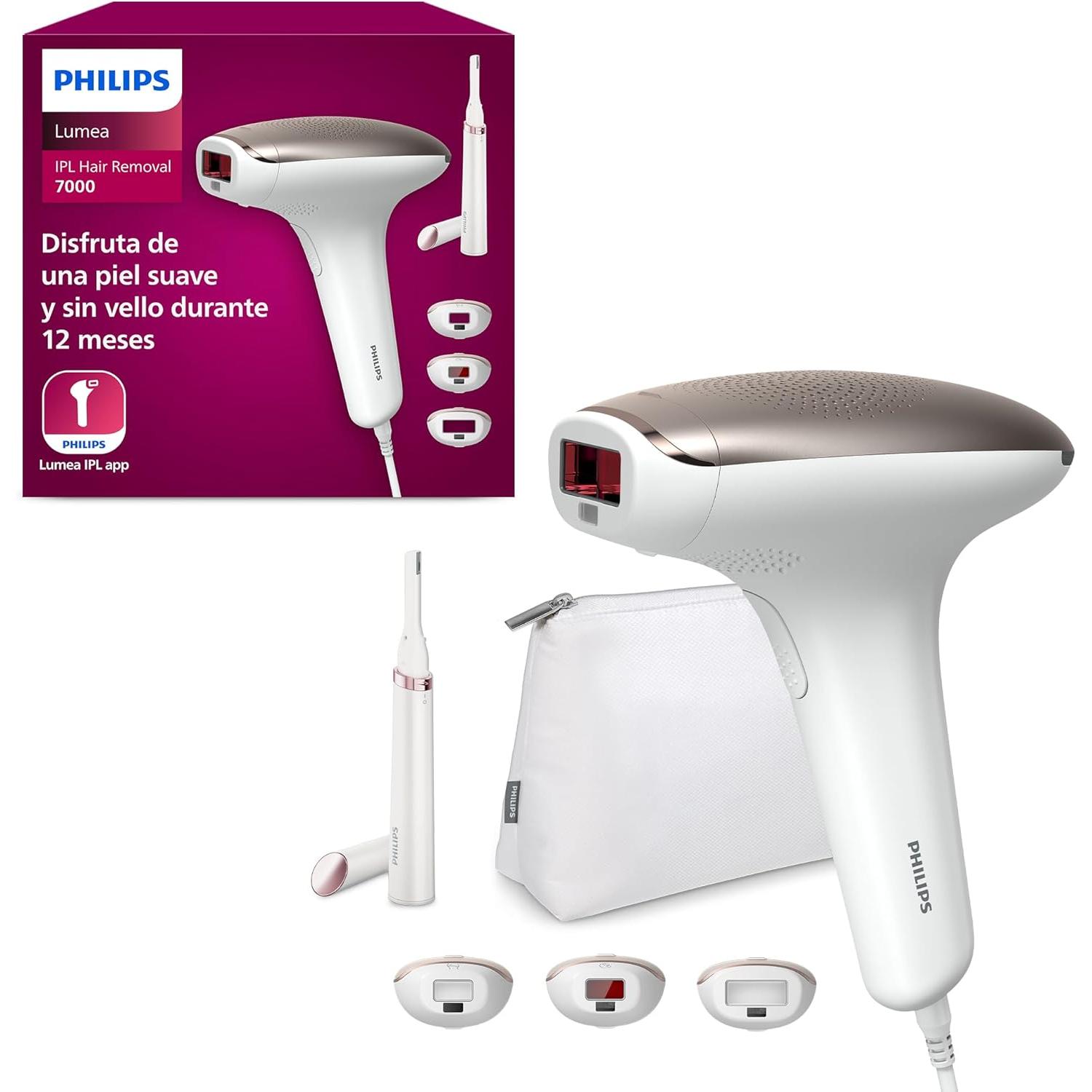 Depiladora IPL Philips Lumea Serie 7000 BRI923/00, luz pulsada, 3 cabezales, cara, cuerpo y zonas de precisión, recortador compacto