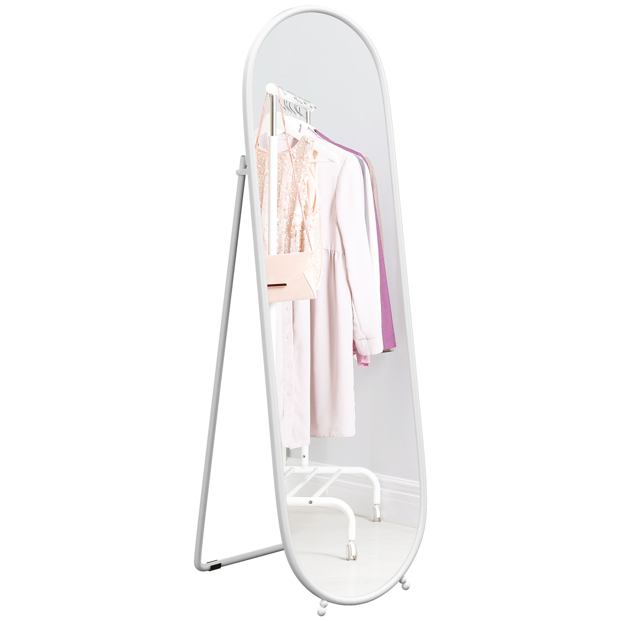 HOMCOM Espejo de Pie Cuerpo Entero Ovalado 160x40 cm, Espejo de Cuerpo Entero con Soporte, 2 Formas de Uso, Independiente y Apoyado, para Salón, Entrada, Dormitorio, Vestidor, Blanco