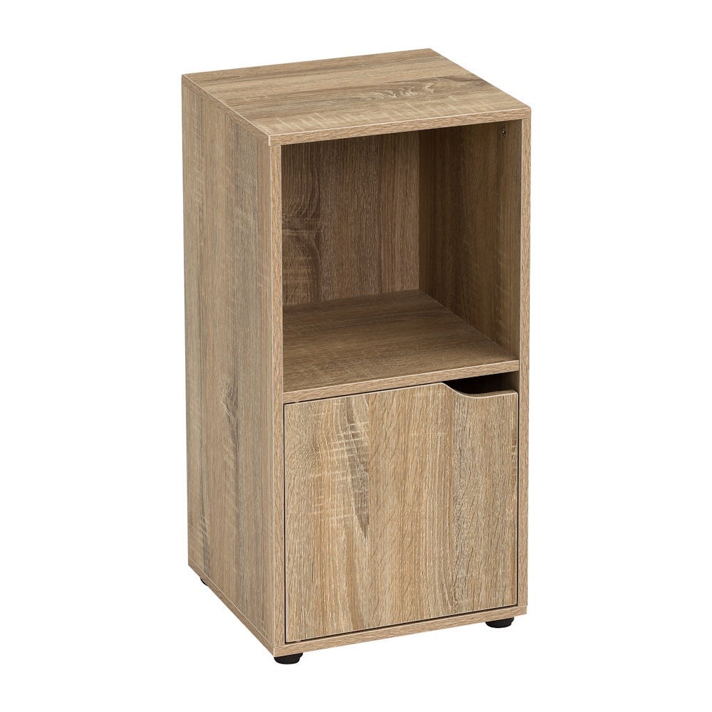 Mesita de noche Cubo de laminado color roble con 1 puerta de 60x30x29 cm Mesa auxiliar compacta de tablero de 12 mm. 1 puerta y 1 hueco abierto de almacenaje. Para dormitorio, despacho o salón. CasaSelección