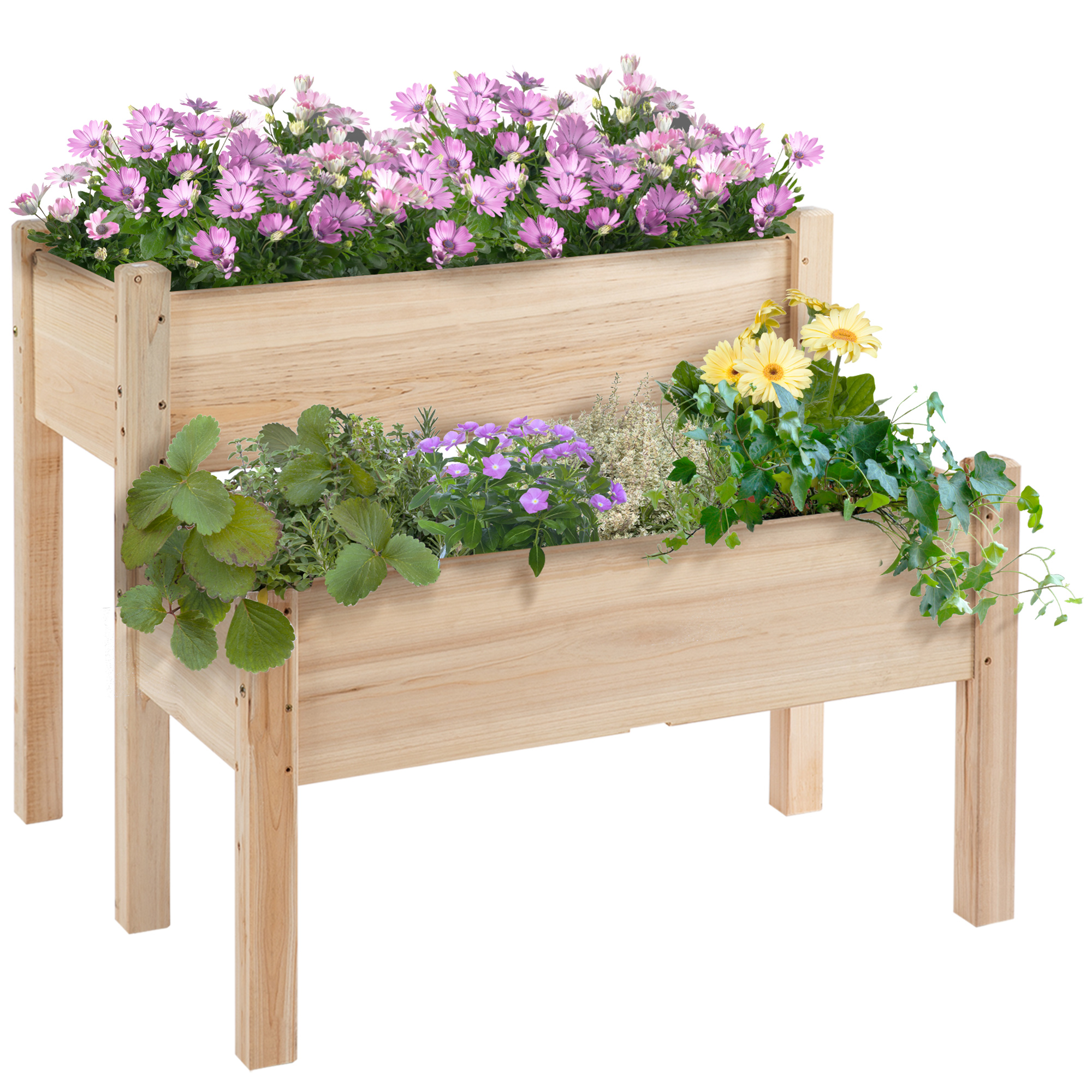 Outsunny Mesa de Cultivo Huerto Urbano Elevado de Madera de 2 Niveles Mesa de Jardinera para Cultivo Plantas Flores Verduras 86x85x72 cm Madera Natural
