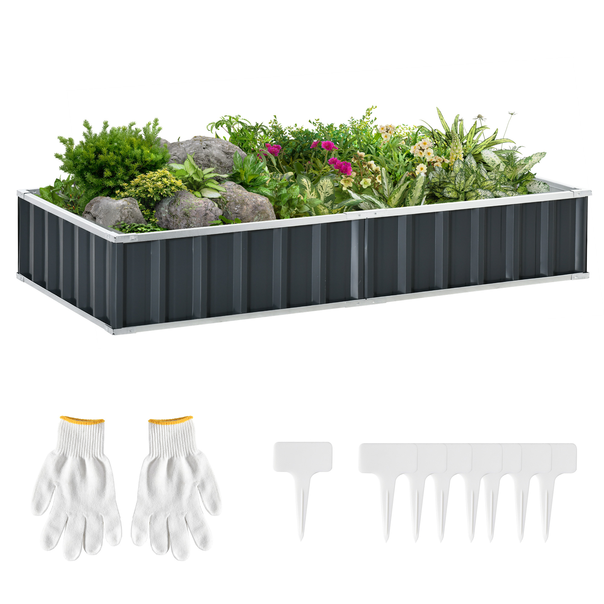 Outsunny Arriate de Jardín de Acero 174x90x30 cm Incluye Guantes Huerto Urbano Jardinera Macetero Rectangular para Cultivos Plantas Flores para Terraza Balcón Exterior Gris