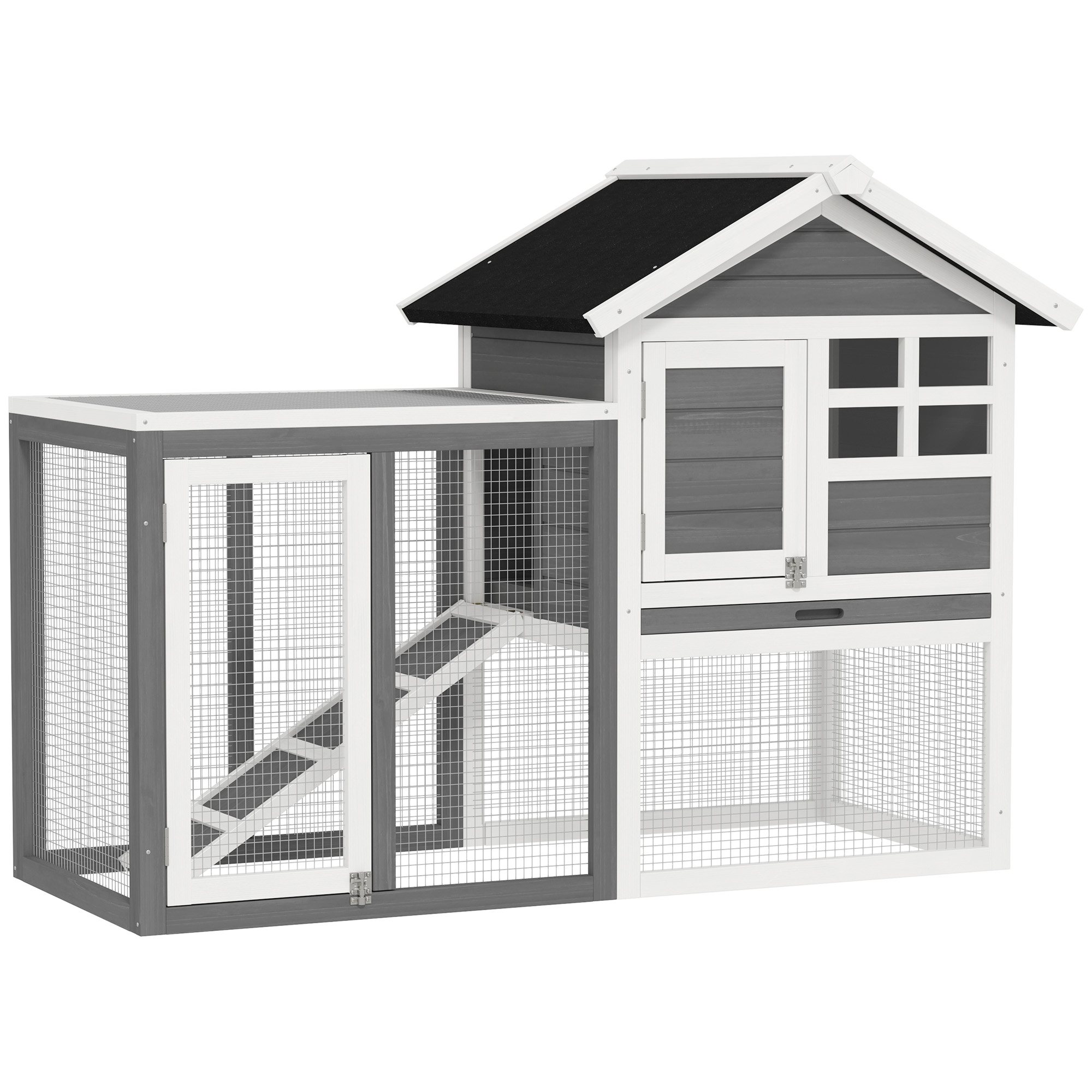 PawHut Conejera de Madera de 2 Niveles Jaula para Conejos con Zona Abierta Techo Asfáltico Bandeja Extraíble y Rampa Conejera para Exterior 122x62,6x92 cm Gris