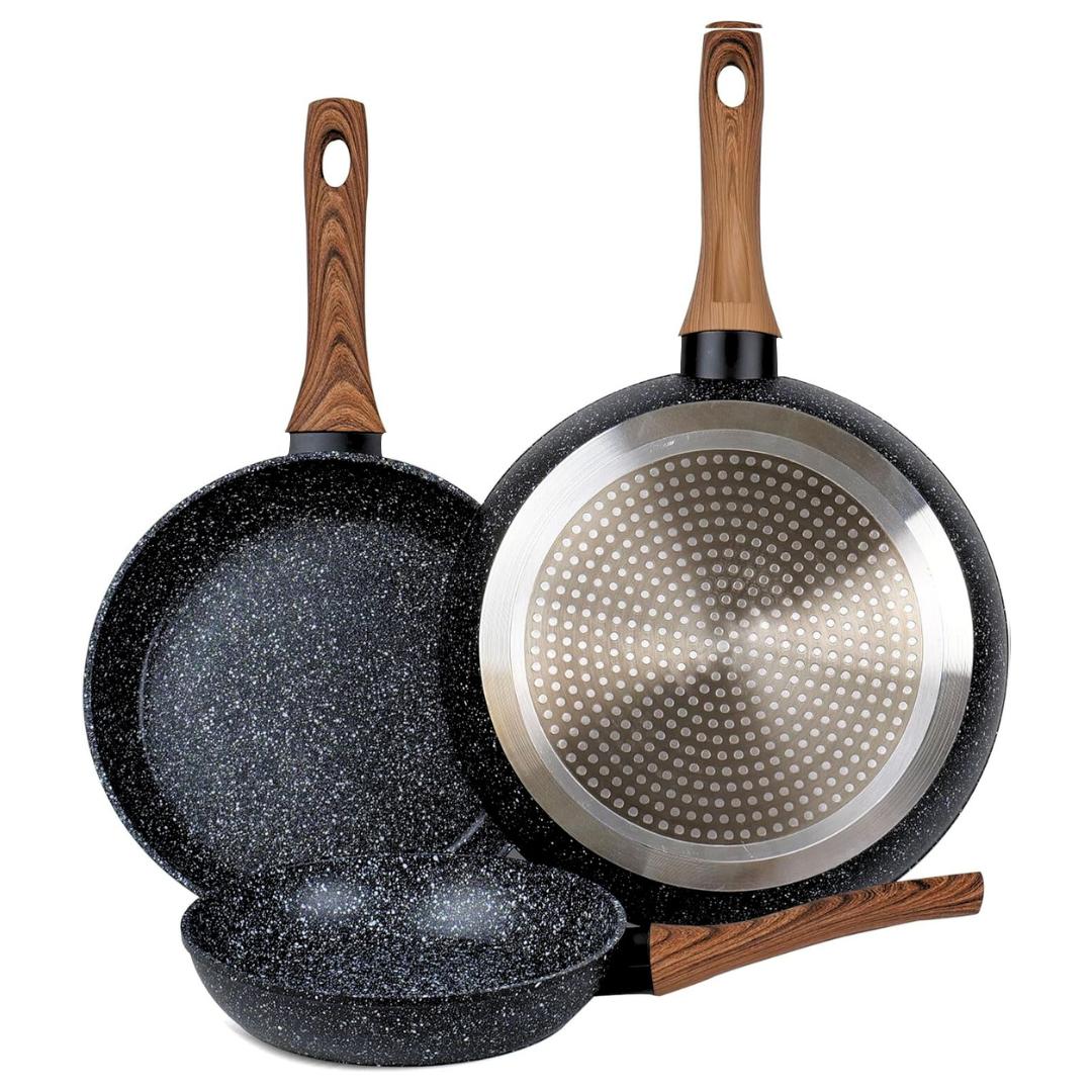 Set de 3 Sartenes de Aluminio Forjado 20/24/28 cm con Revestimiento Antiadherente de Mármol 3 Capas, Mango Ergonómico de Silicona, Aptas para Cocina de Inducción, Gas y Vitrocerámica