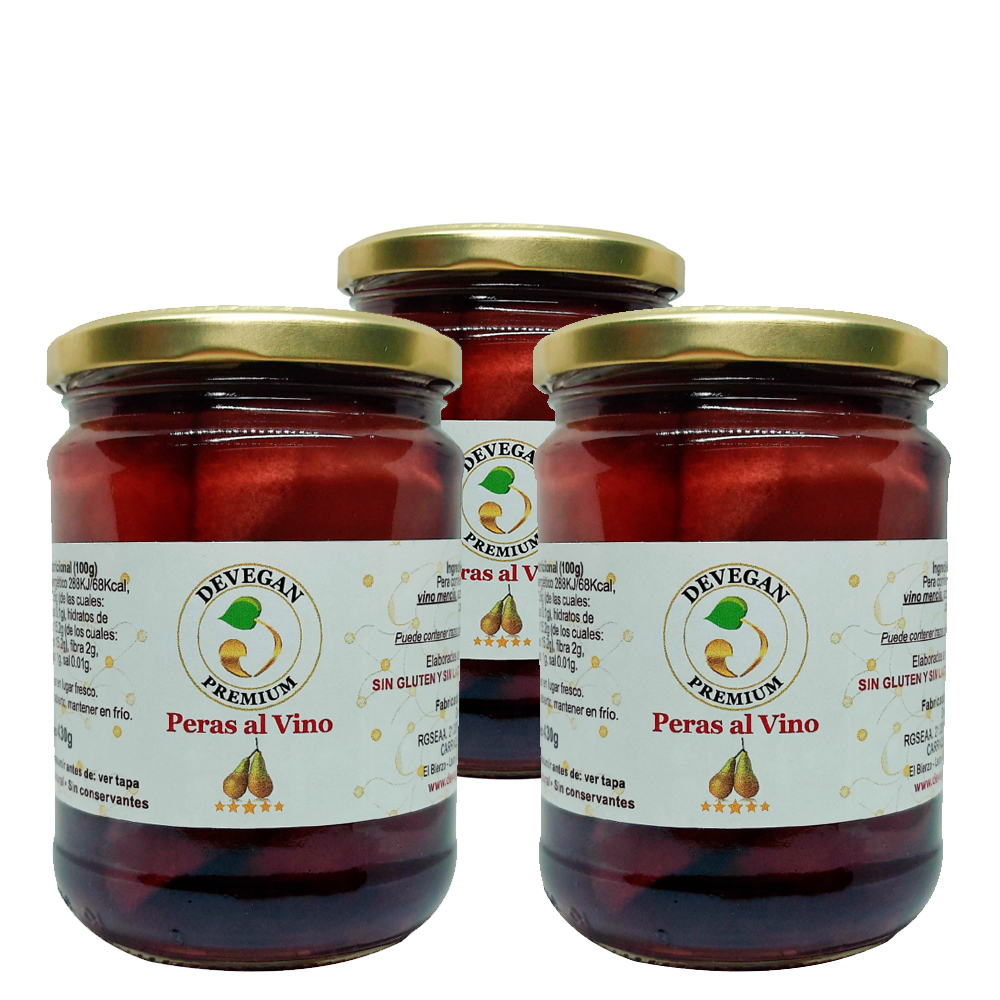 Peras Conferencia Conservadas en Vino Mencía, Pack de 3 Tarros de 430 g - Marca Devegan, Sin Conservantes, Elaboración Artesanal