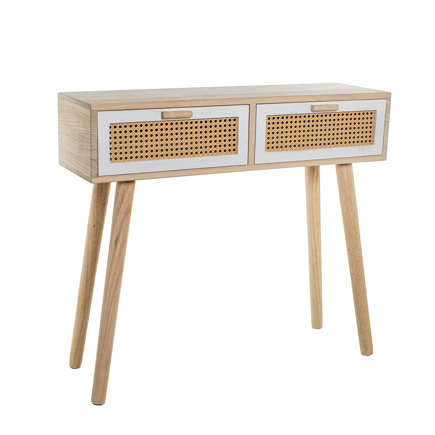 Mesa entrada con 2 cajones madera 90x28x80cm dm y paulownia y mimbr