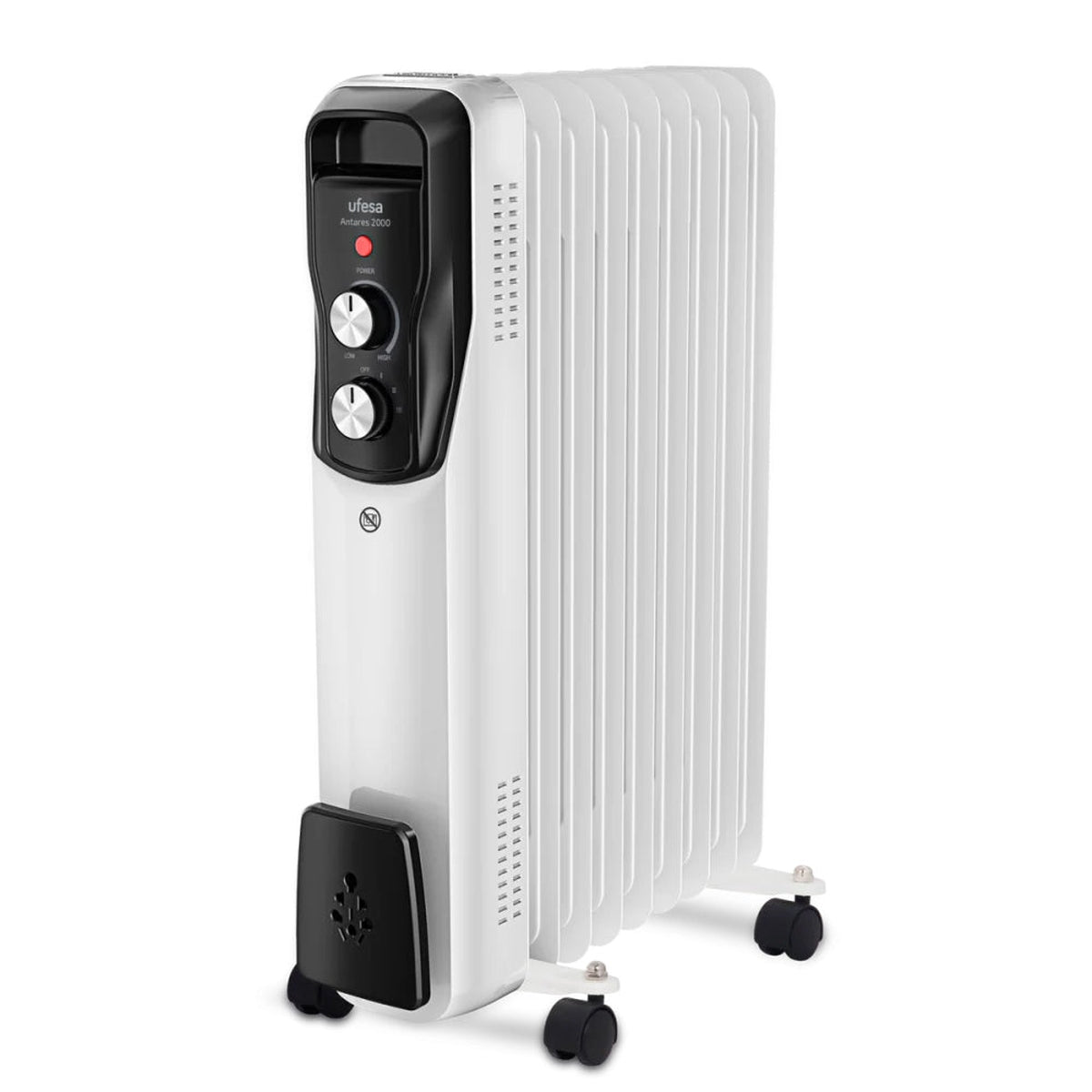 Ufesa - Radiador de aceite Antares 2000 con 9 elementos, 2000 W, termostato metálico regulable hasta 85°C y seguridad anti-vuelco, ideal para salón o dormitorio