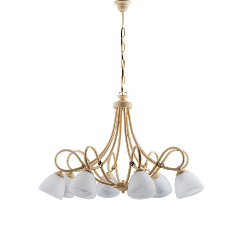 Dallas - Lámpara de araña marfil con efecto decapé y oro antiguo, cristal blanco, 8 luces - Belight