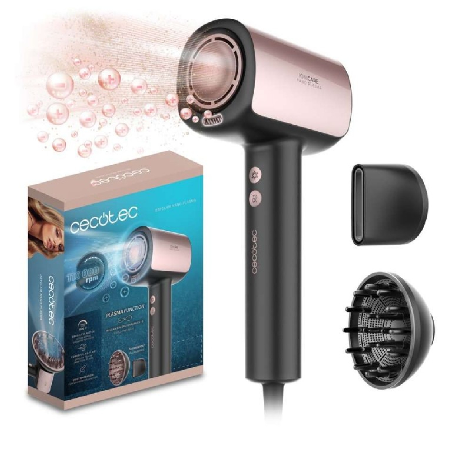 Cecotec Secador de Pelo Brushless de Última Generación DryGlam Nano Plasma. Potencia de 110,000 RPM y 1600W, Función de Plasma