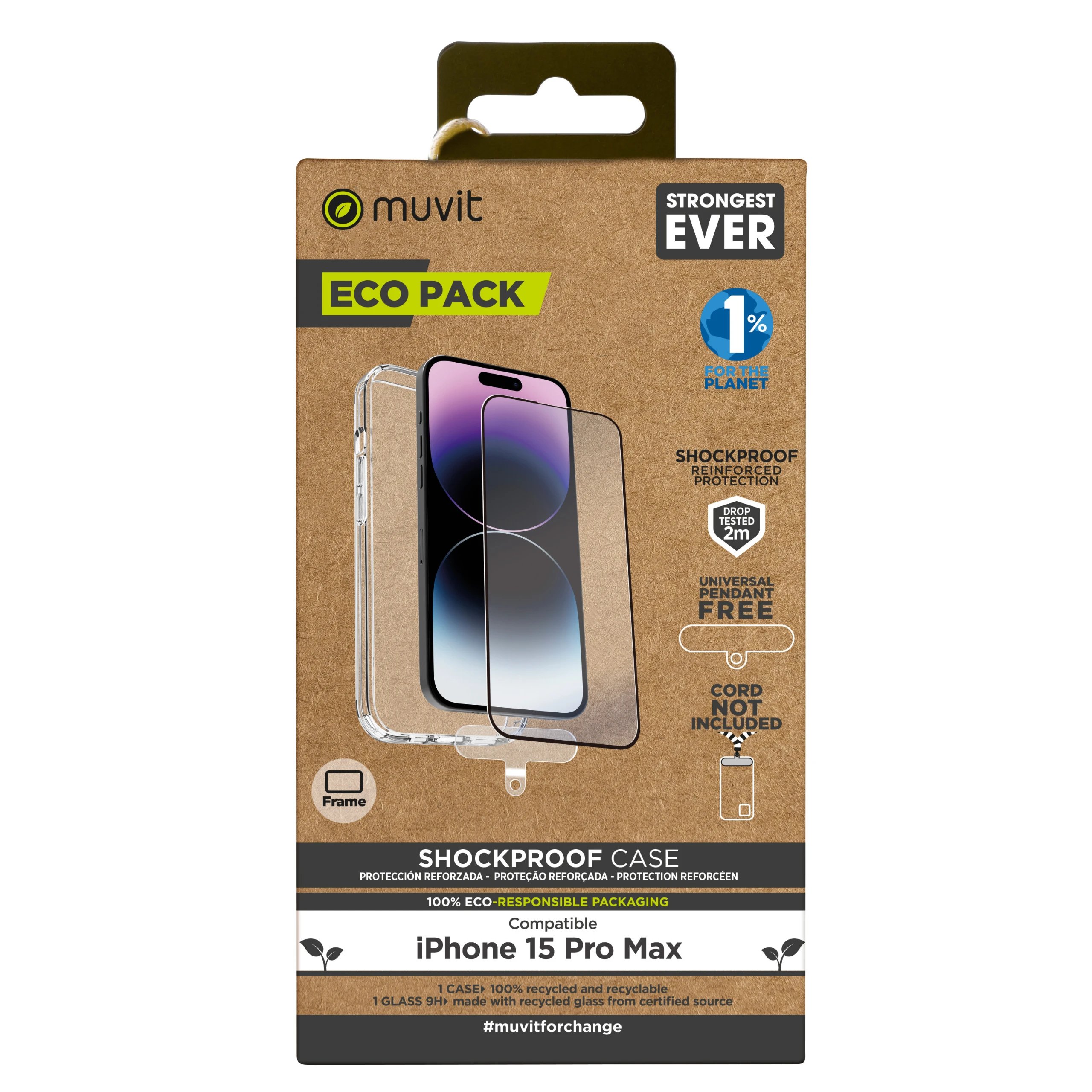 Muvit - Funda Shockproof 2M MCPAK0086 para iPhone 15 Pro Max transparente con marco negro, protector completo con cristal templado y material 100 % reciclado