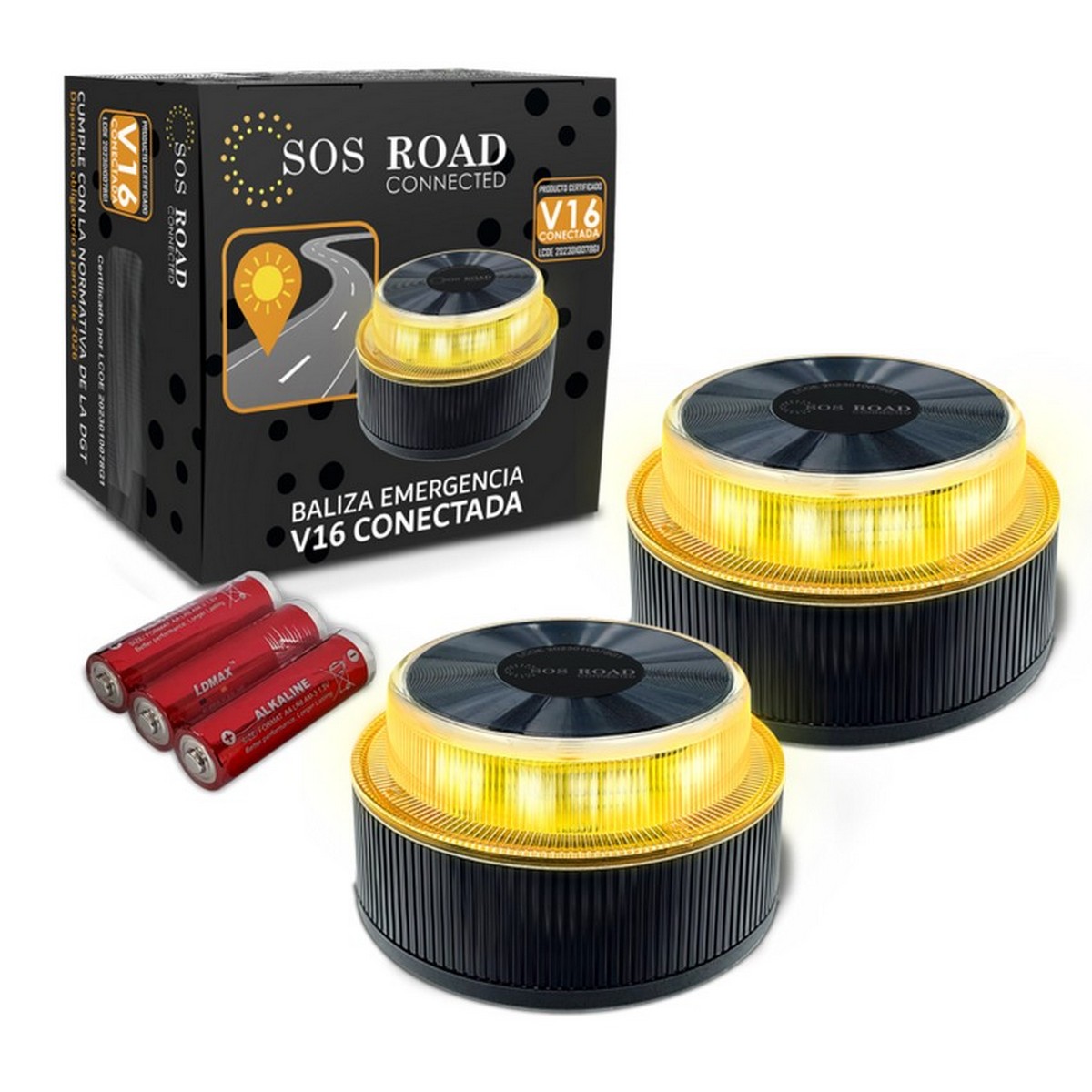 SOS Road Connected - Luz de Emergencia con Geolocalización para Coche Homologada DGT 3.0 (Obligatoria) - Baliza v16 con Plan de Datos Grauítos hasta 2038 - Base Magnética - Resistente al Agua y Polvo