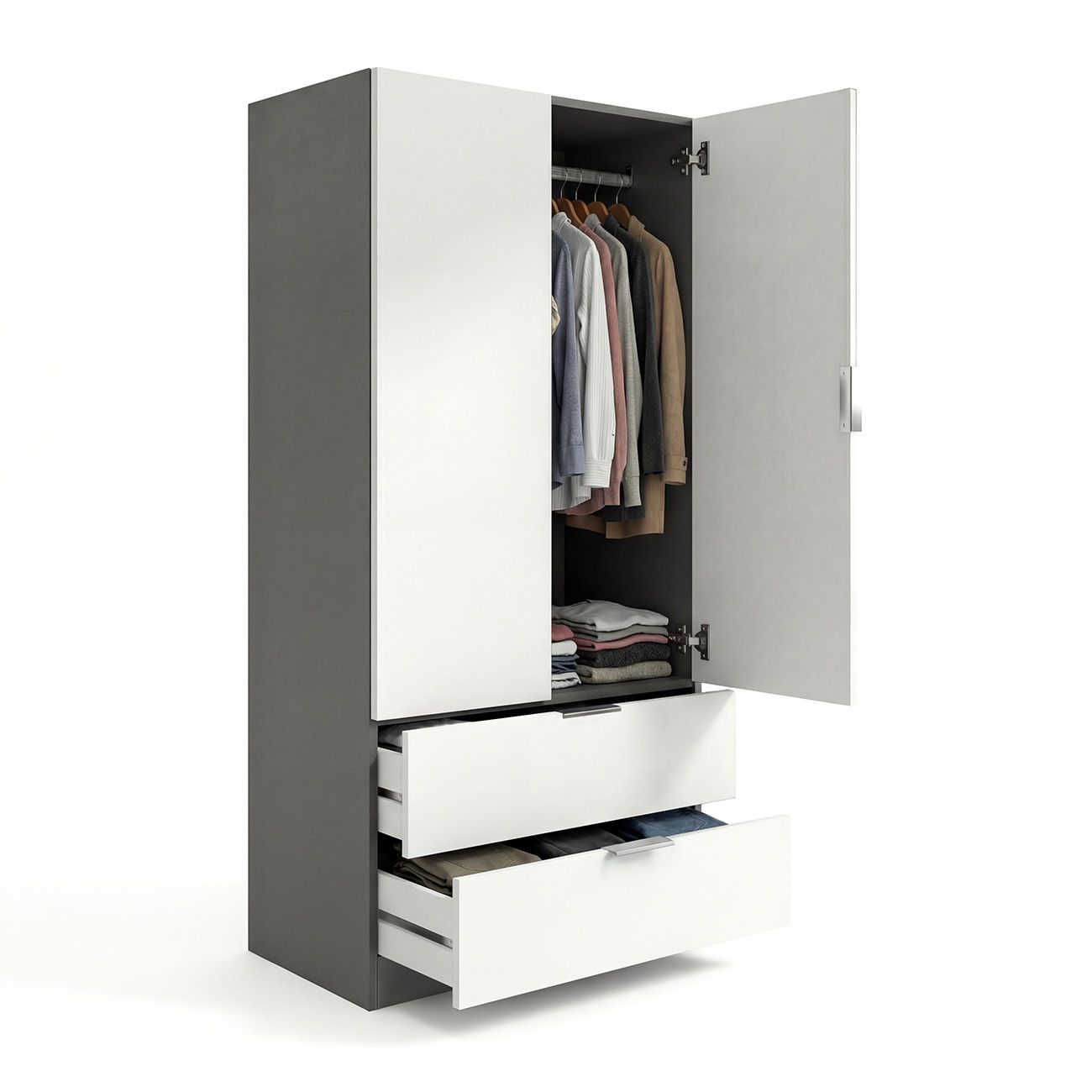 duehome - Armario de 2 puertas y 2 cajones Lark para dormitorio, fabricado en melamina de alta calidad, medidas 81,5x180x52 cm, diseño nórdico moderno con barra colgante y estantes integrados