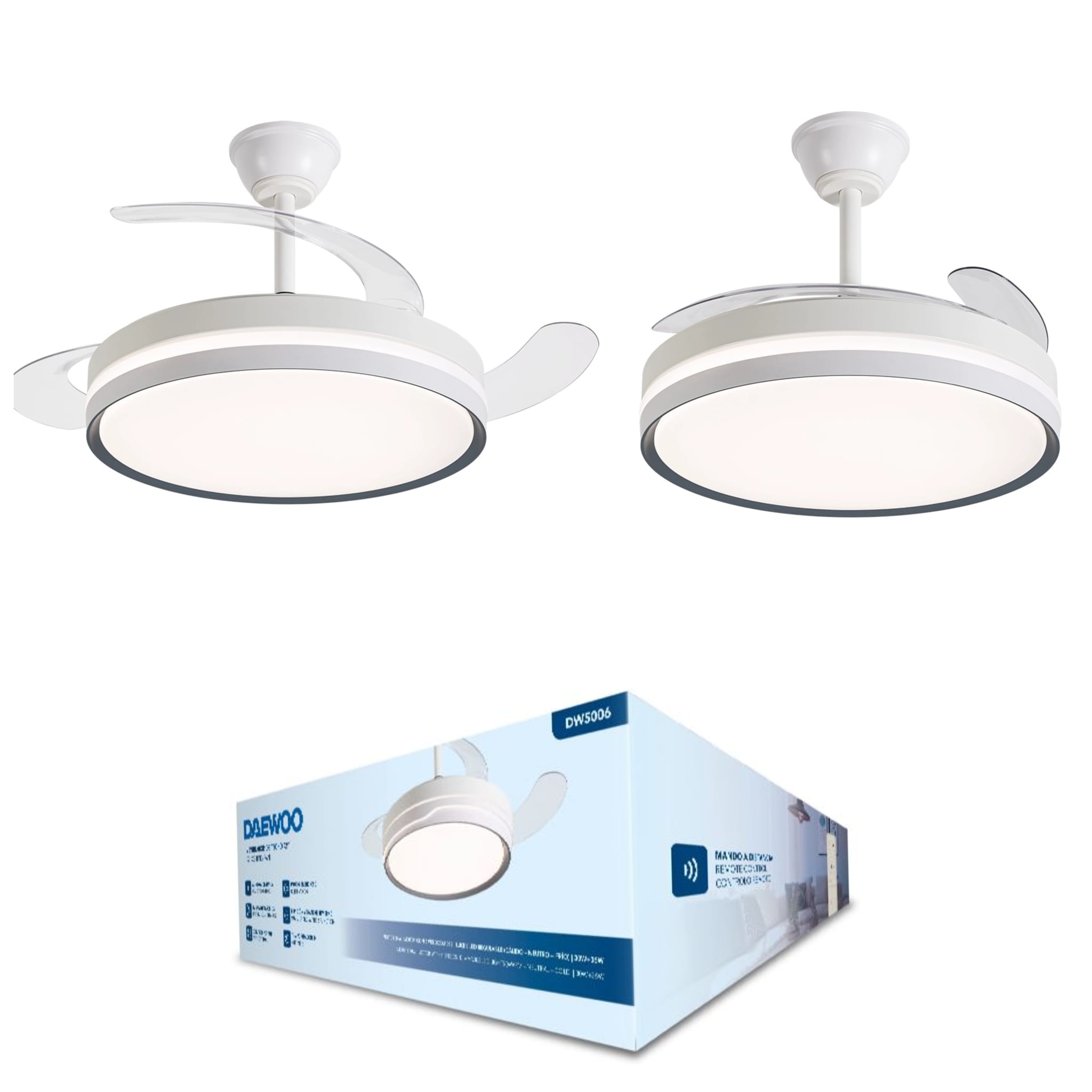 DAEWOO PREMIUM VENTILADOR DE TECHO CON LUZ 42/106D -ASPAS RETRACTILES-MOTOR 30W LED 35W-3 TEMP REGULABLES DIMMABLE 6VELOCIDADES ULTRASILENCIOSO,FUNCION VERANO/INVIERNO -CONTROL APP,TEMPORIZADOR CALIDAD 100% GARANTIZADA