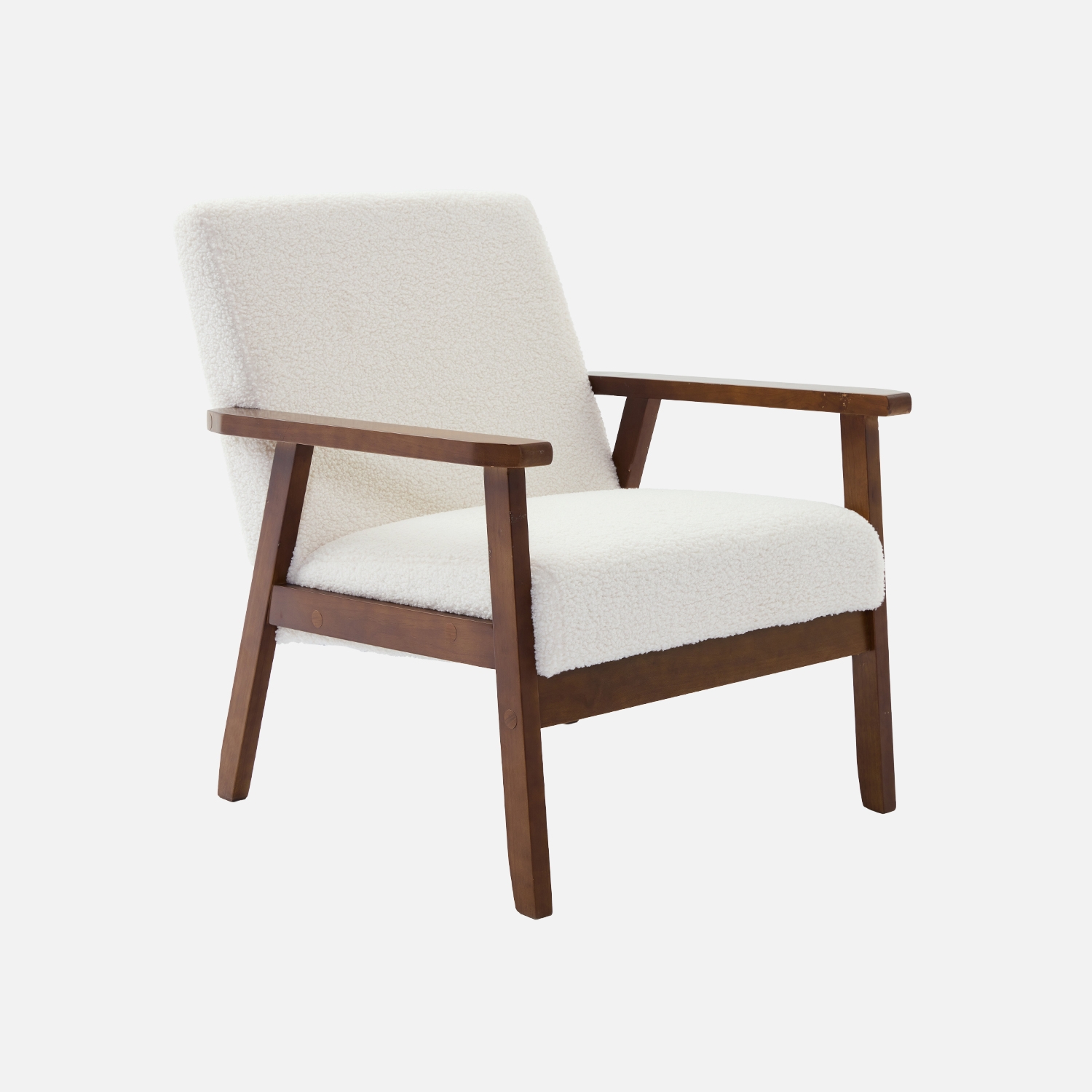 sweeek - Sillón rizado escandinavo de madera hevea teñida de nogal claro, Isak borreguito, Borreguito blanco, 64x69.5x73 cm