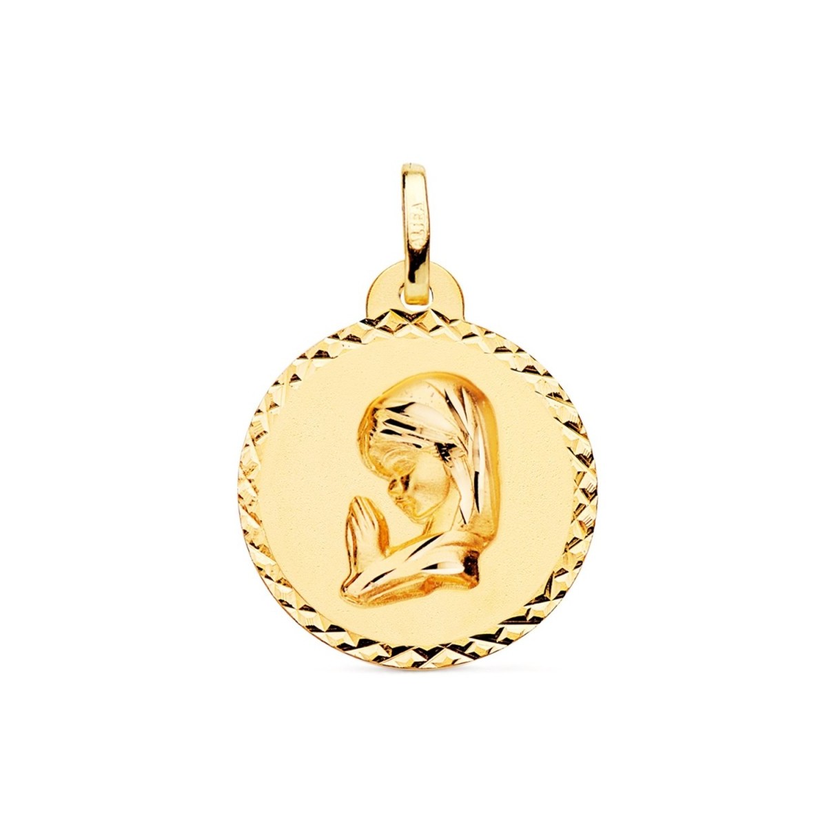 Medalla oro 18k Virgen Niña 20mm. lisa redonda detalle cerco cruces talladas