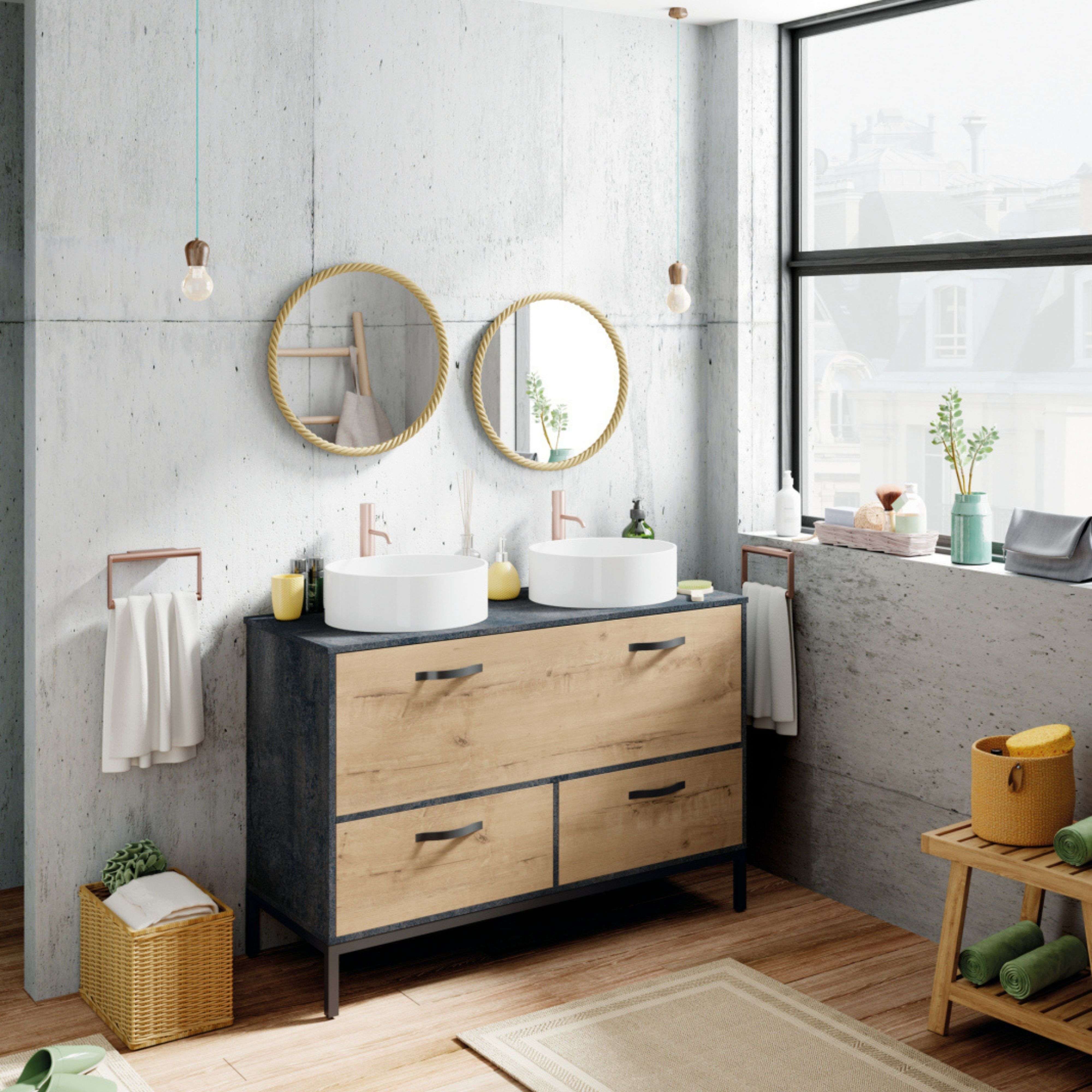 Miroytengo Mueble de Baño Doble Sena Estilo Industrial en Color Roble Gold y Negro con 2 Cajones, 1 Puerta y Patas 120x92x50 cm (Lavabo Opcional)