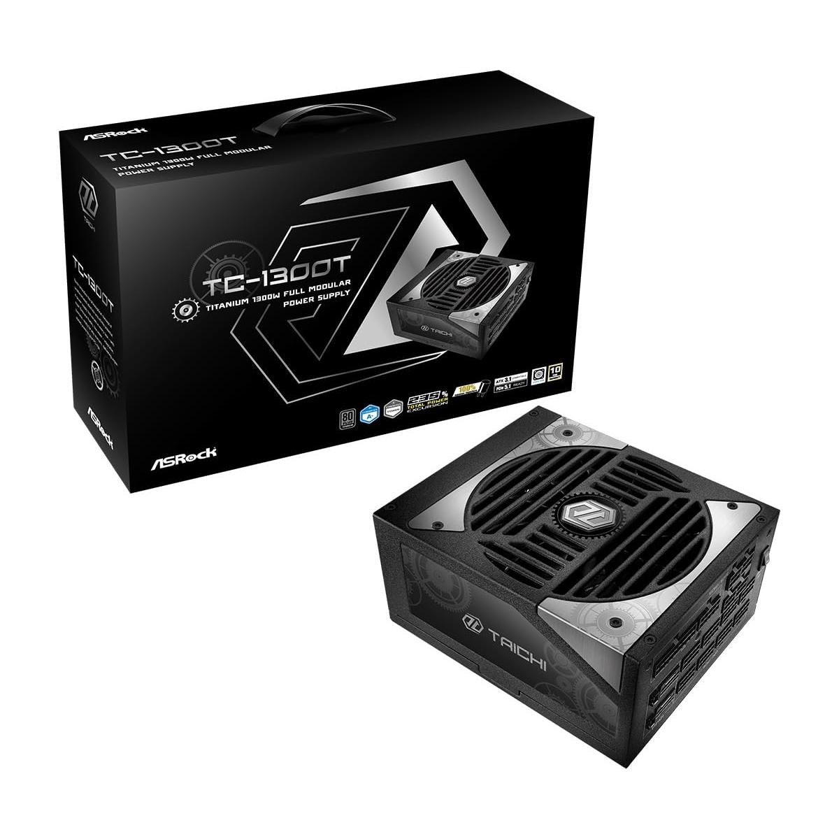 Fuente ALIMENTACION ASROCK TC-1300T,PSU,1300W,80 Plus Titanium,135MM,Modular,PCI-E 5.1 (12+4pin) x2,PCI-E (6+2 Pin) x8,SATA (5 Pin) x9