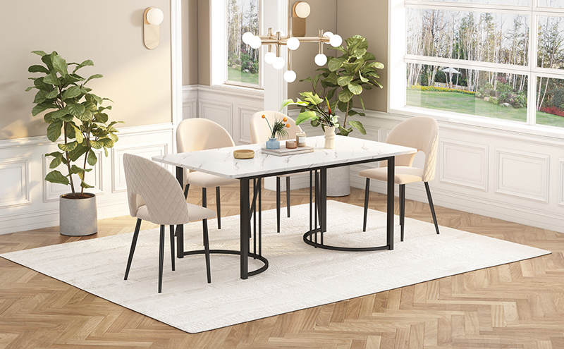 Table à manger rectangulaire 140 x 80 cm avec plateau blanc effet marbre et piètement noir