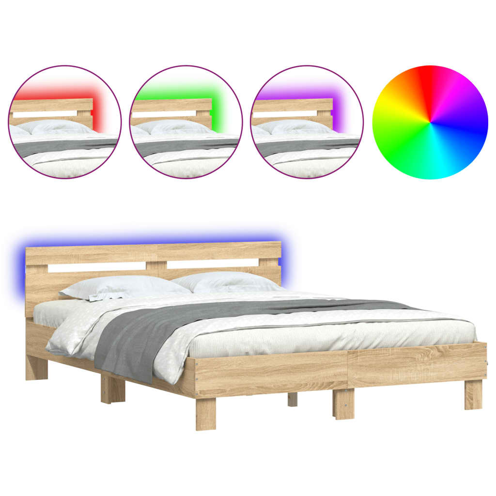 vidaXL Estructura de cama cabecero y luces LED roble Sonoma 140x200 cm