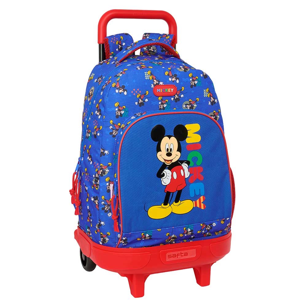 SAFTA | Mochila Escolar con Ruedas Disney Mickey Mouse Carro Evolution Extraíble Alto, Espalda y Hombreras Ergonómicas Acolchadas, Doble Tirador, Bolsillo Frontal y Laterales Portabotellas, Azul/Rojo