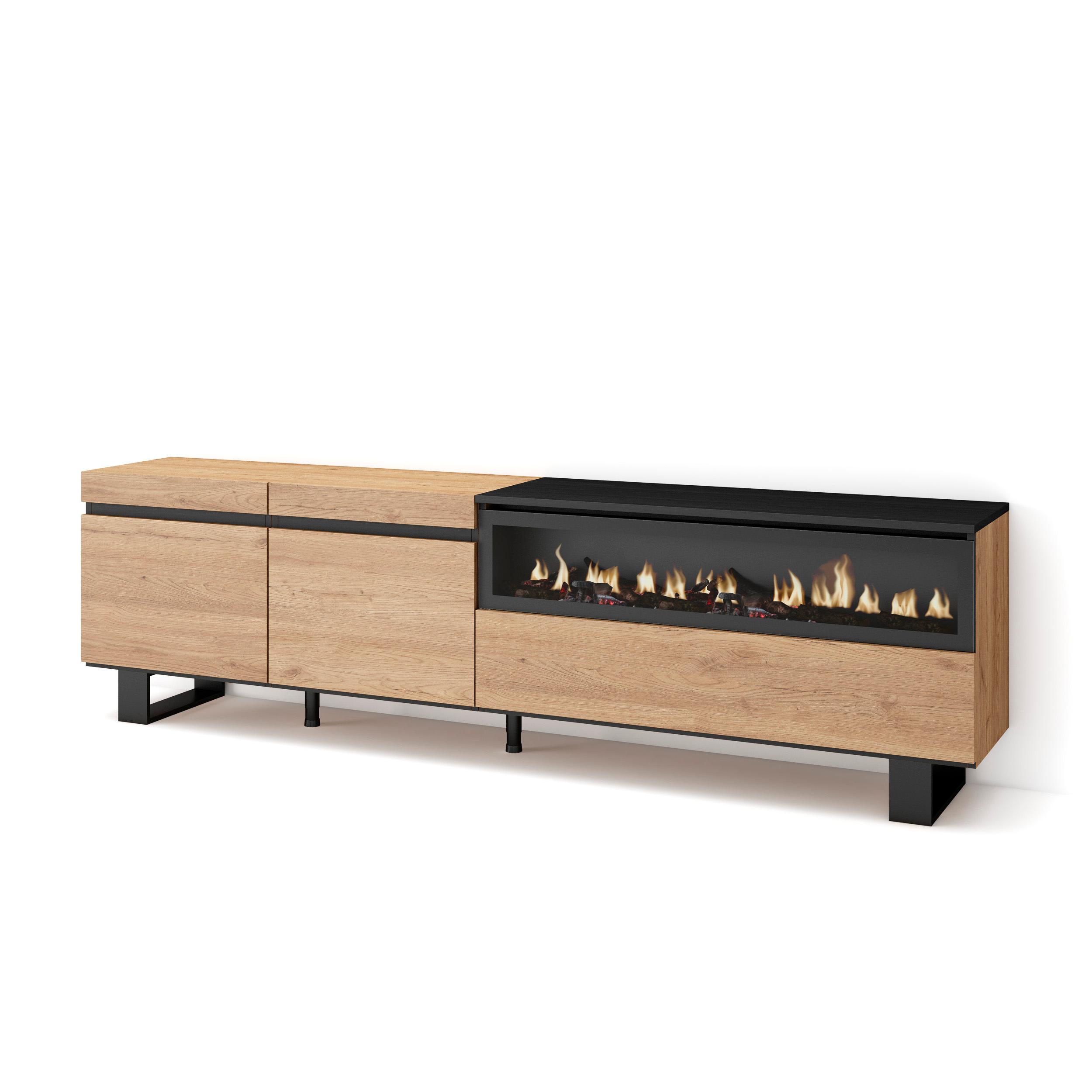 Skraut Home, Mueble de Televisión en melamina de alta calidad, 203x35x57cm, Fuego led efecto 3d