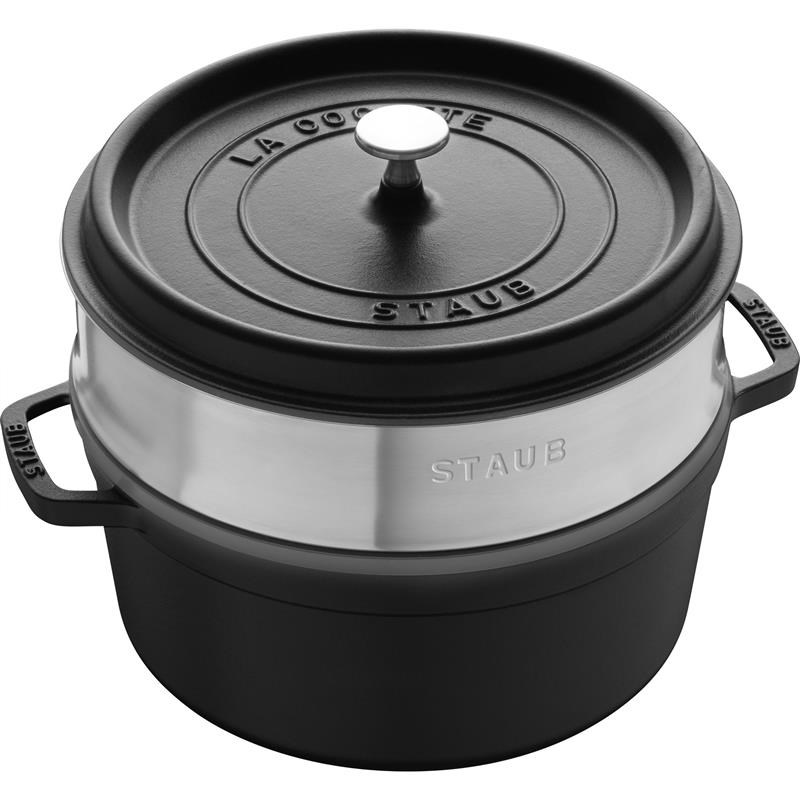 STAUB Cacerola redonda de hierro fundido con vaporera, 24 cm, color negro