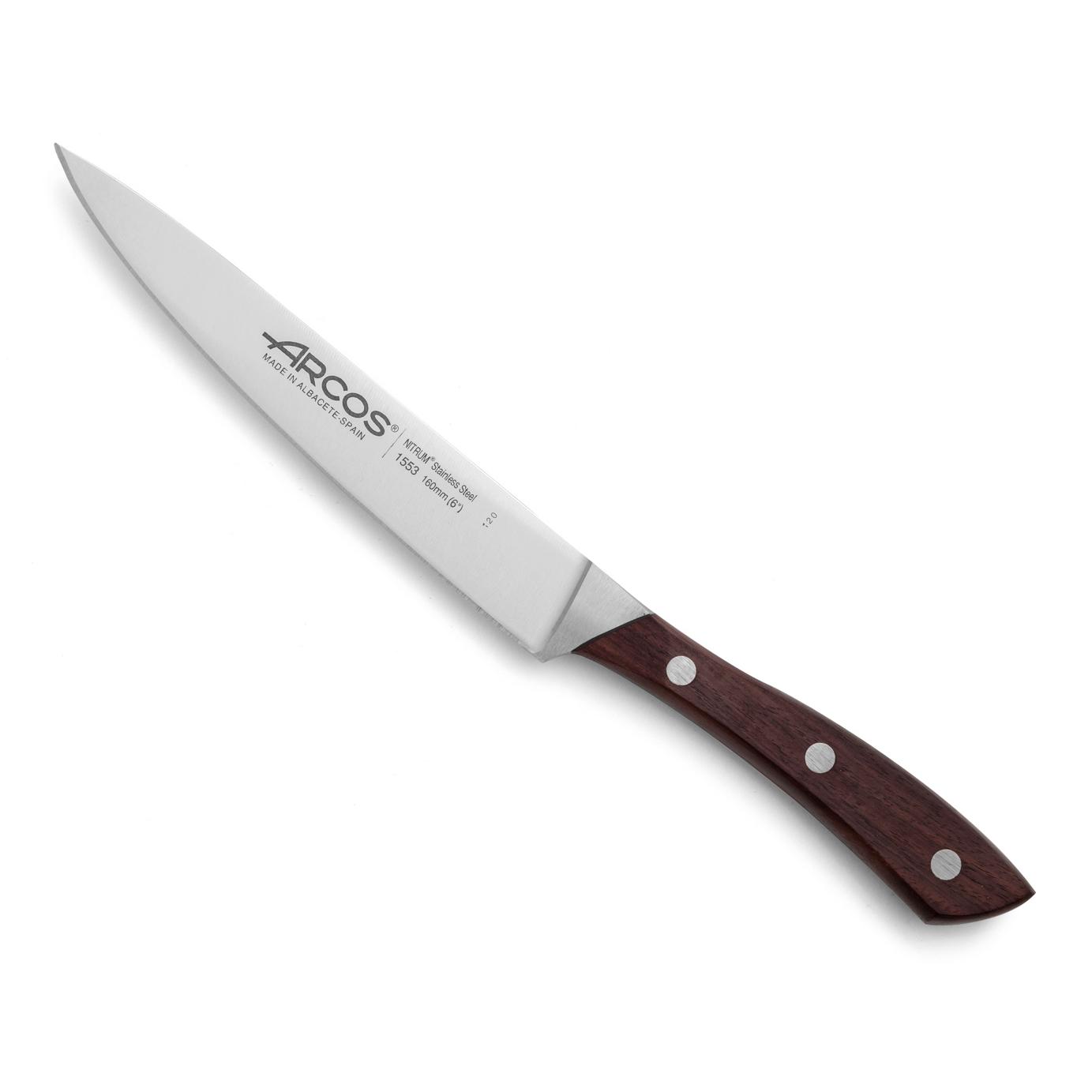 Arcos Cuchillo Cocina Forjado con Hoja Acero Inoxidable 160 mm. Cuchillo Cocina Profesional. Mango Ergonómico Polioximetileno POM y Madera Palisandro. Serie Natura.