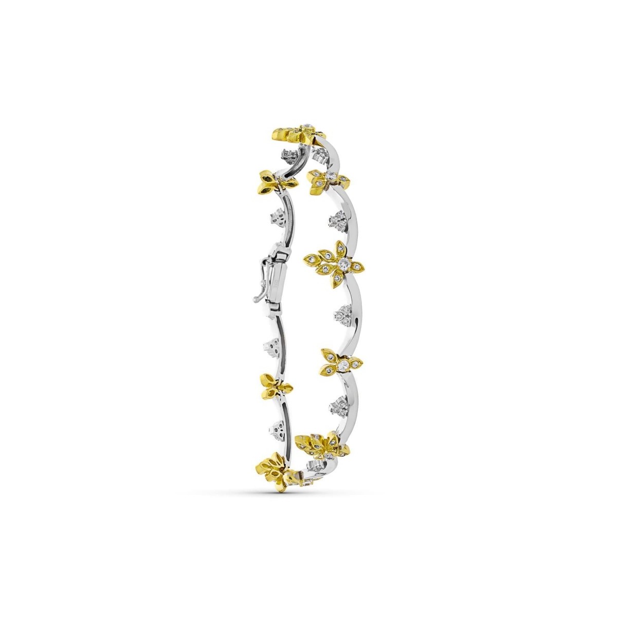 Pulsera oro bicolor 18k mujer eslabones ondulados flores circonitas