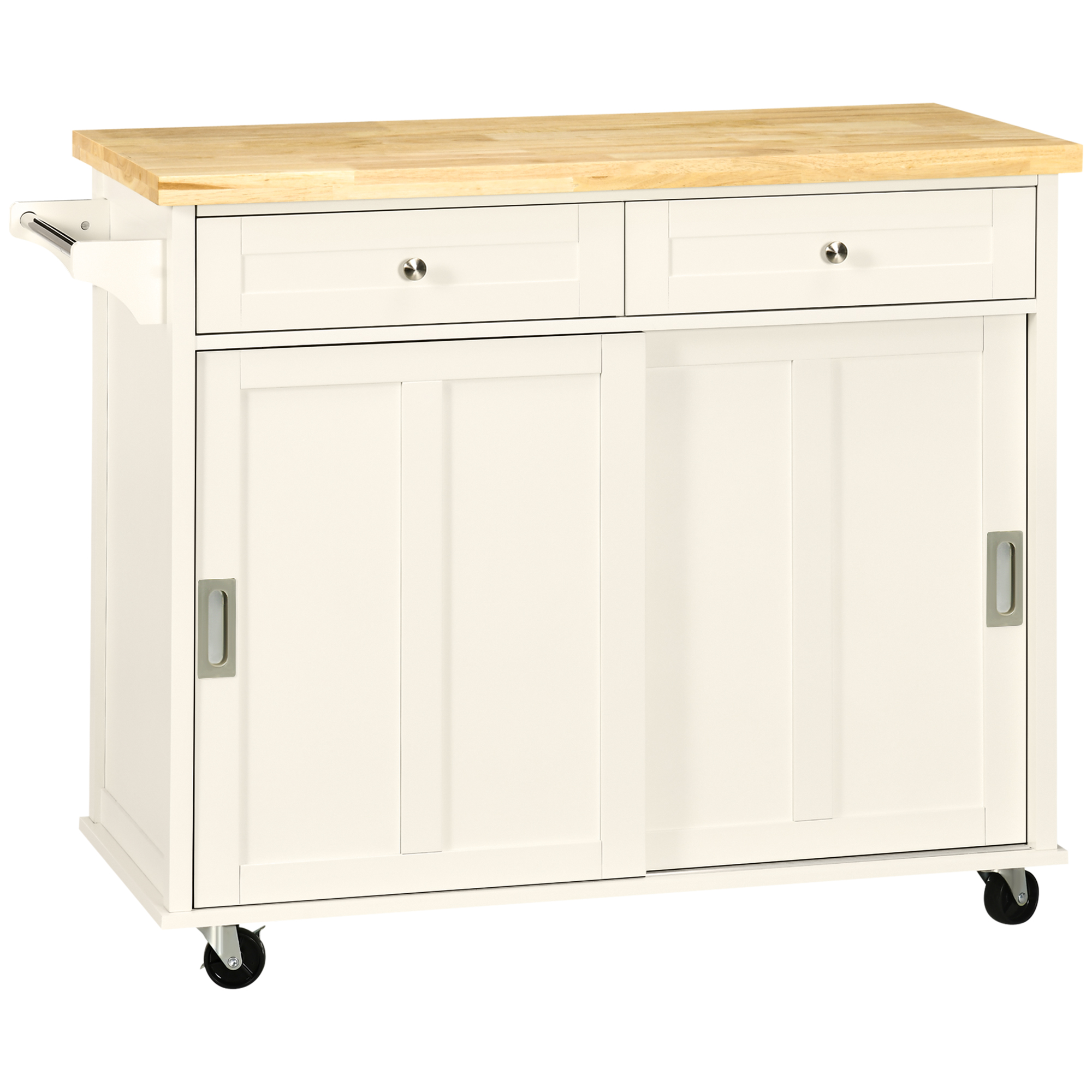 HOMCOM Carrito de Cocina Carro de Servicio Multifuncional con Ruedas 2 Puertas Correderas 2 Cajones y Barra de Colgar 110x49,5x89,5 cm Crema