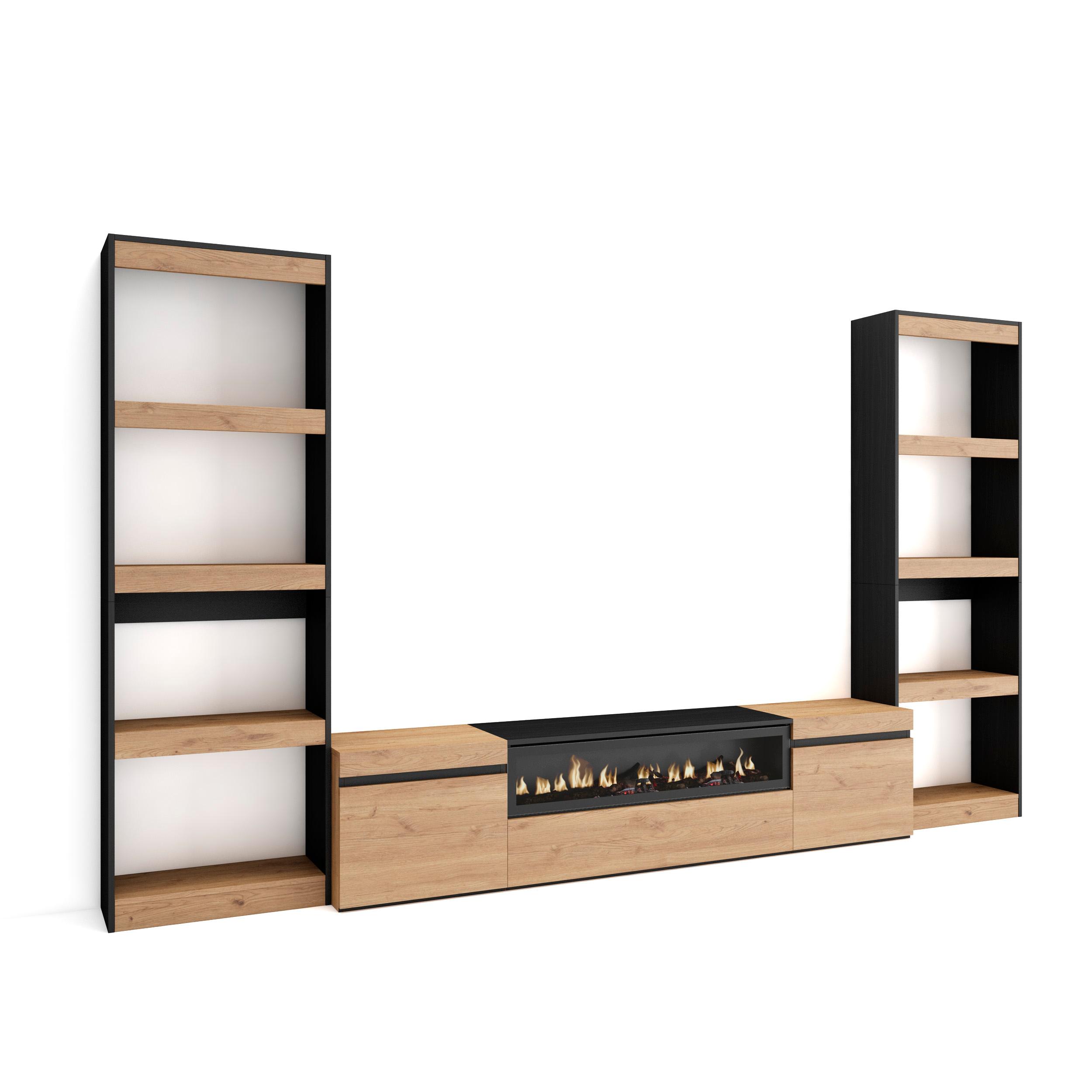 Skraut Home - Conjunto de muebles de Salón - Estantería y organización - Mueble TV - fuego led efecto 3d - Veteado de madera - Tacto poroso de alta calidad - Estilo Moderno - Medidas totales 320x35x186cm